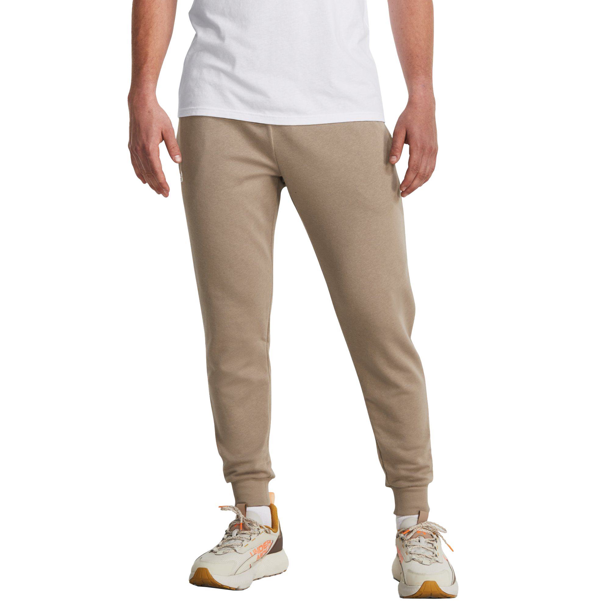 Image of Under Armour Patch Rival Fleece Joggers for Men - Sahara/White