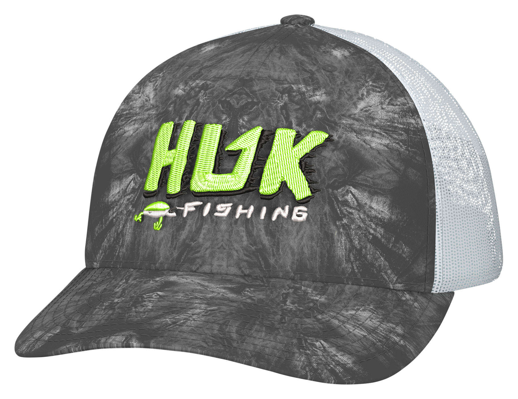 Image of Huk Fishing All Over Print Mesh-Back Trucker Cap for Kids - Volcanic Ash Heather