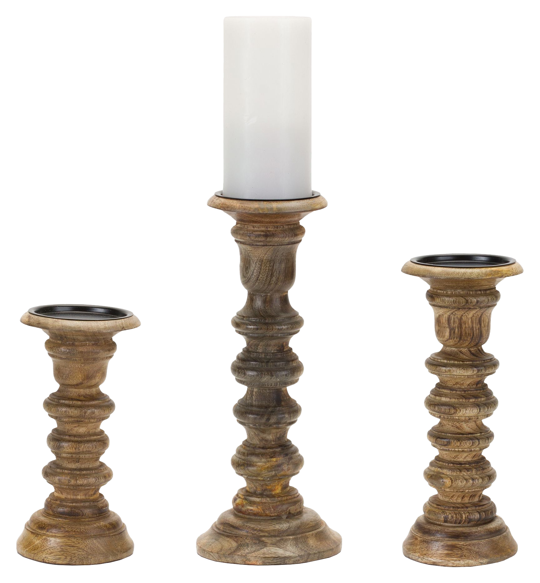 Image of Melrose International Natural Mango Wood Spindle Candle Holder Set of 3