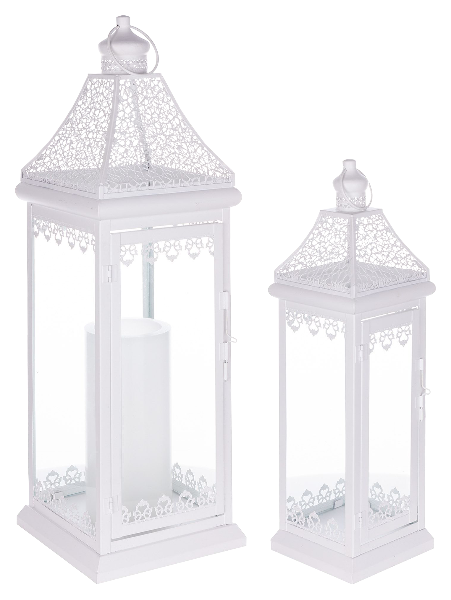 Image of Melrose International Ornate Lantern with Punched-Metal Accents Set of 2 - White