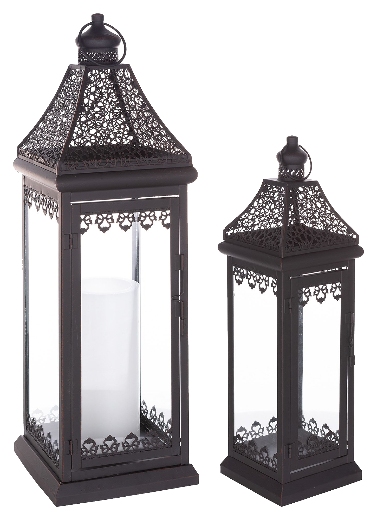 Image of Melrose International Ornate Lantern with Punched-Metal Accents Set of 2 - Black