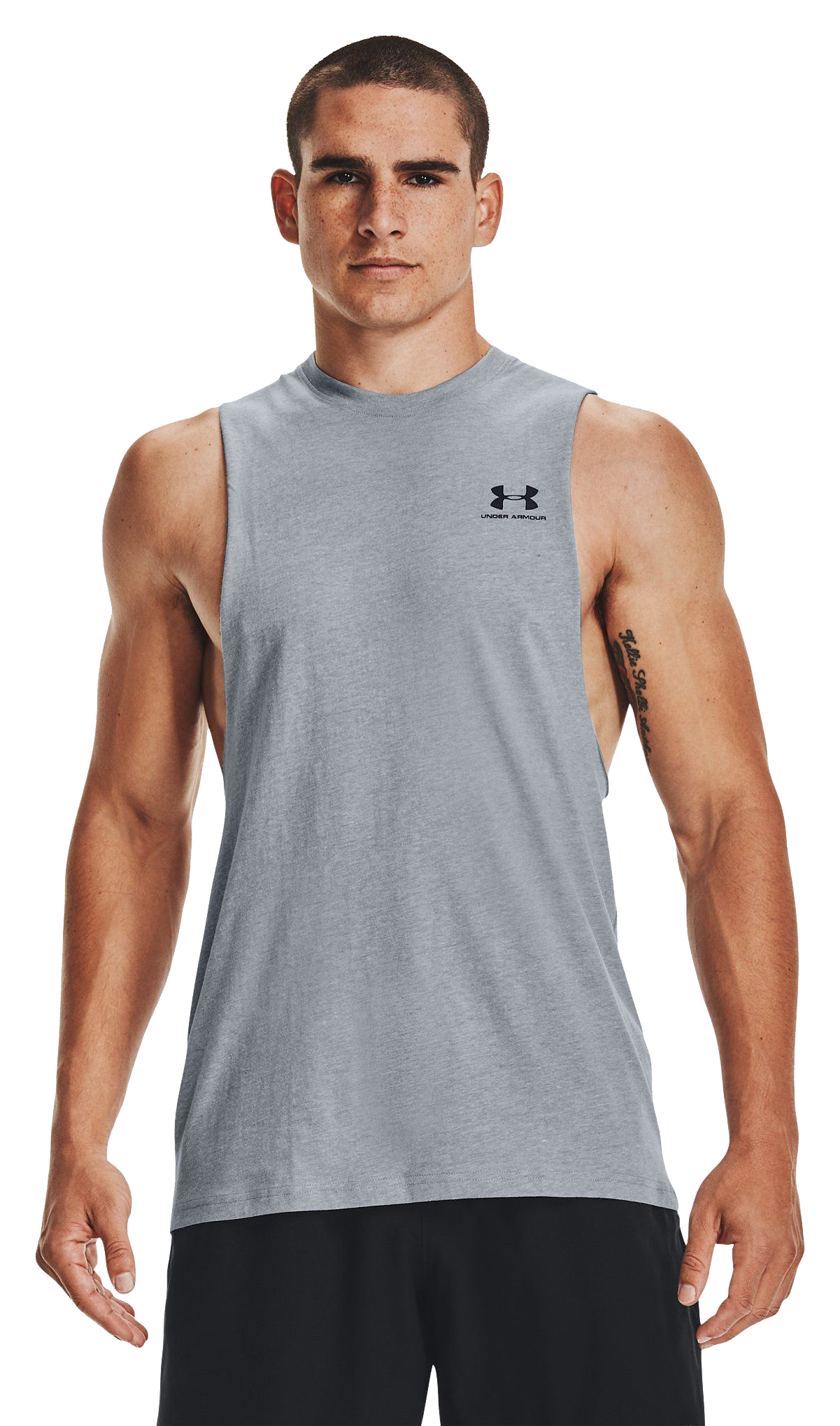 Image of Under Armour Sportstyle Left Chest Cut-Off Tank for Men - Steel Light Heather/Black - XL