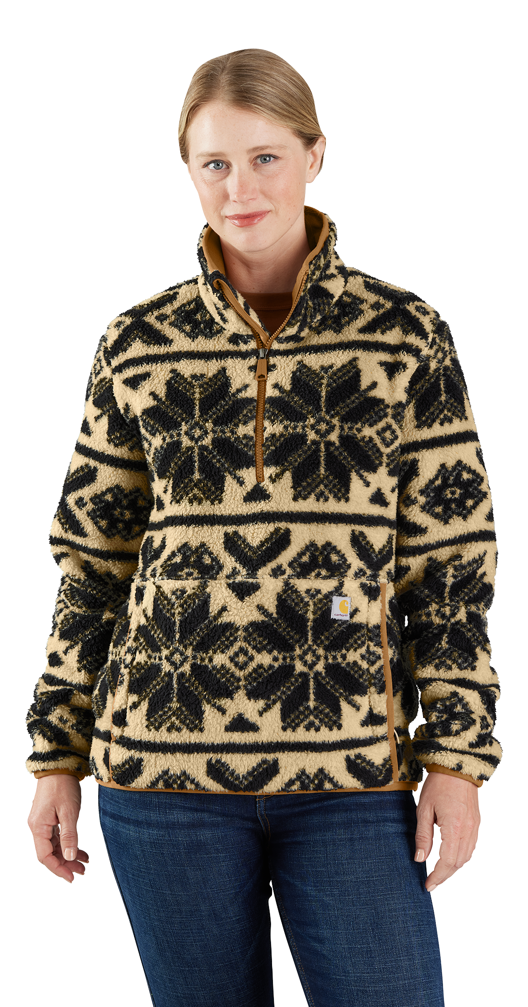 Image of Carhartt Loose-Fit Fleece Half-Zip Pullover for Ladies - Oat Milk/Black Fairisle - S