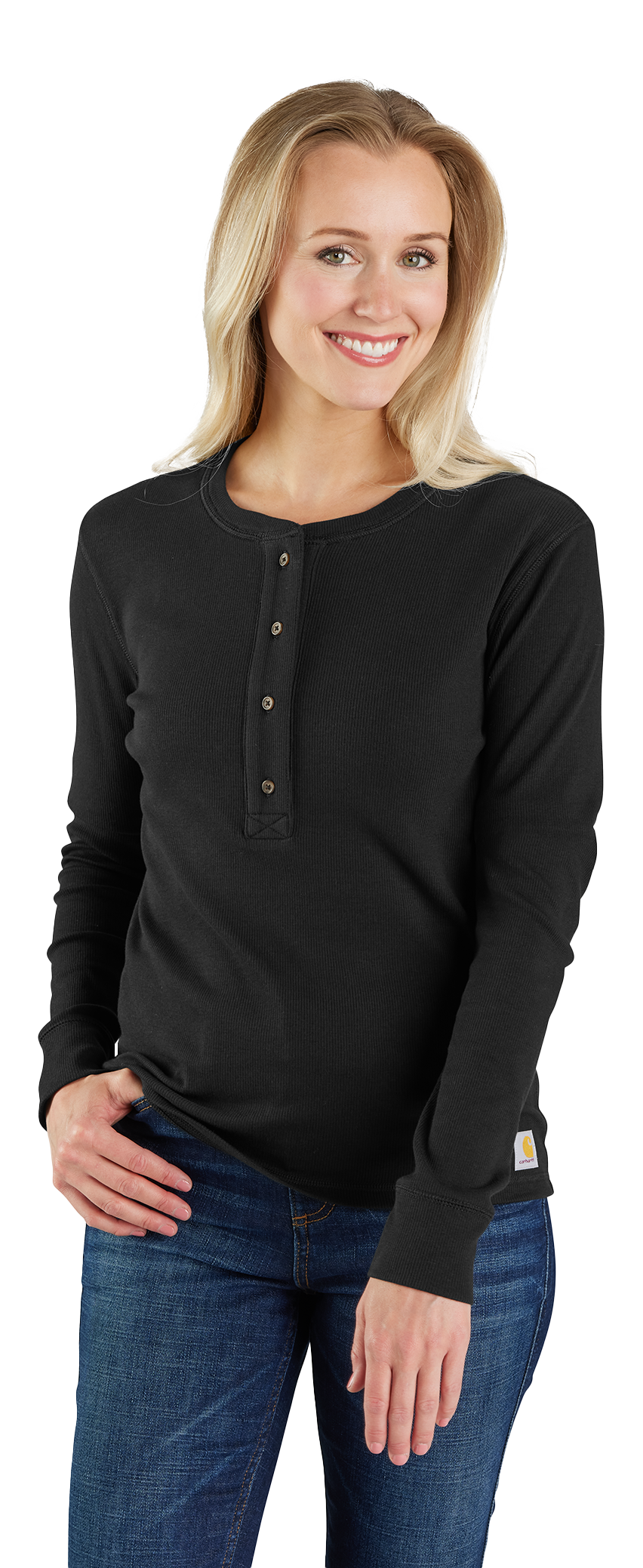 Image of Carhartt TENCEL Series Relaxed-Fit Ribbed Long-Sleeve Henley Shirt for Ladies - Black - S