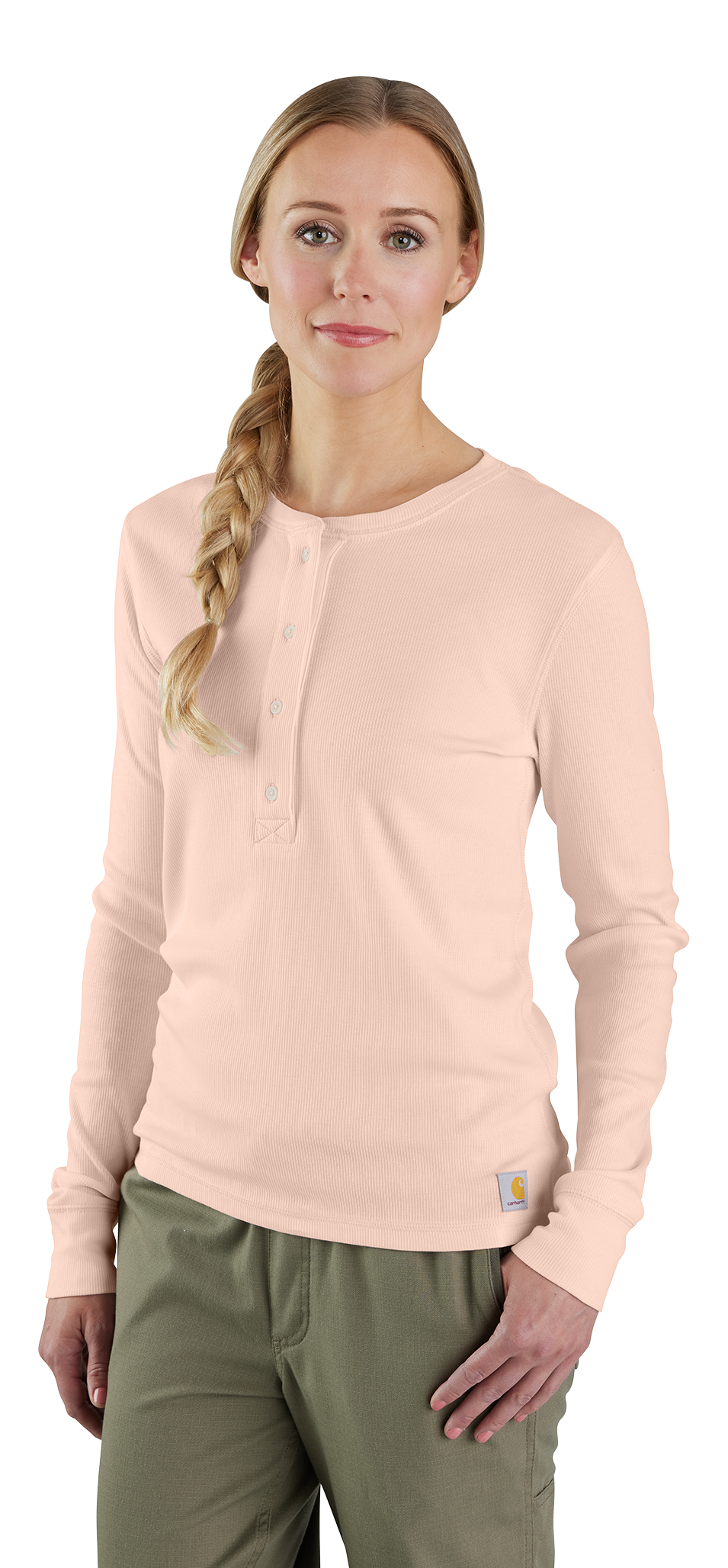 Image of Carhartt TENCEL Series Relaxed-Fit Ribbed Long-Sleeve Henley Shirt for Ladies - Georgia Peach - S