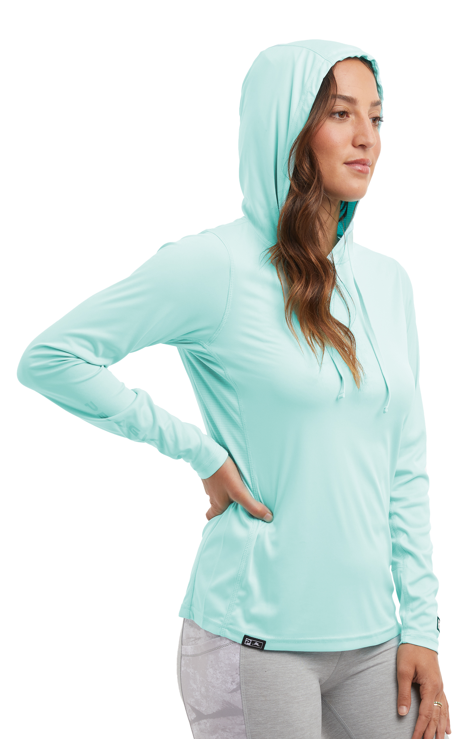 Image of Pelagic VaporTek Hooded Long-Sleeve Fishing Shirt for Ladies - Tropical Aqua - L