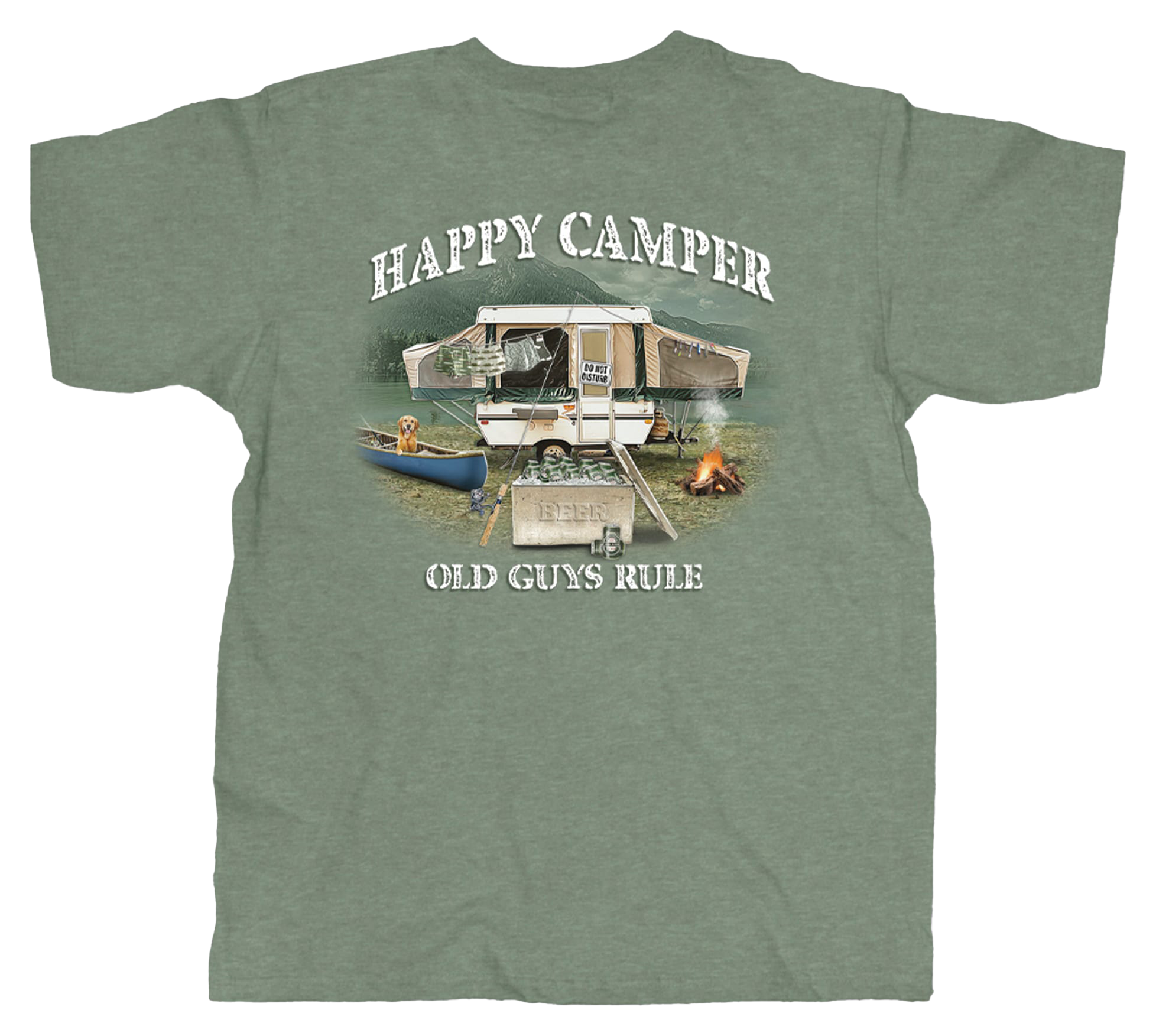Image of Old Guys Rule Happy Camper II Short-Sleeve T-Shirt for Men - Heather Military Green - 2XL