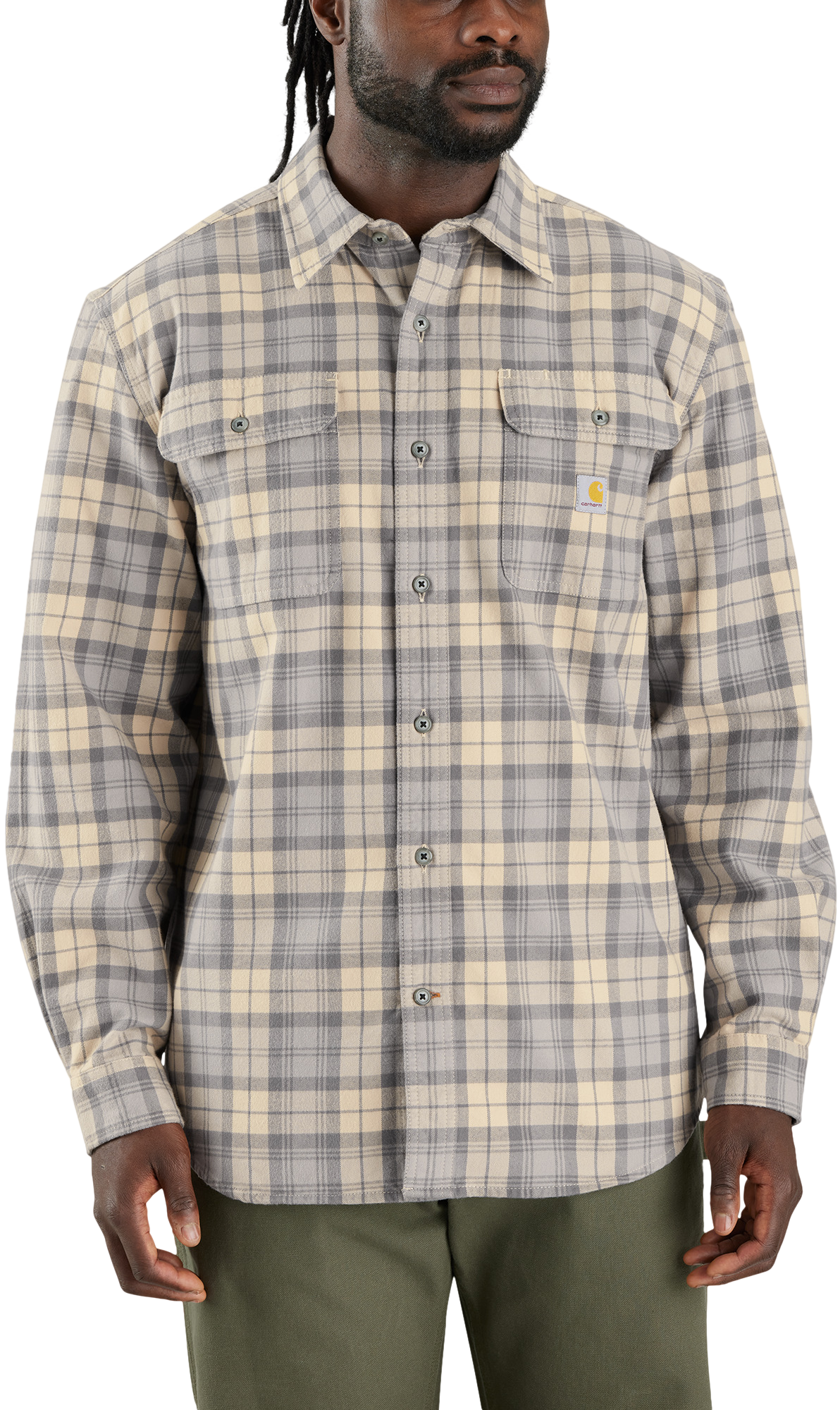 Image of Carhartt Heavyweight Flannel Plaid Long-Sleeve Shirt for Men - Carhartt Gray