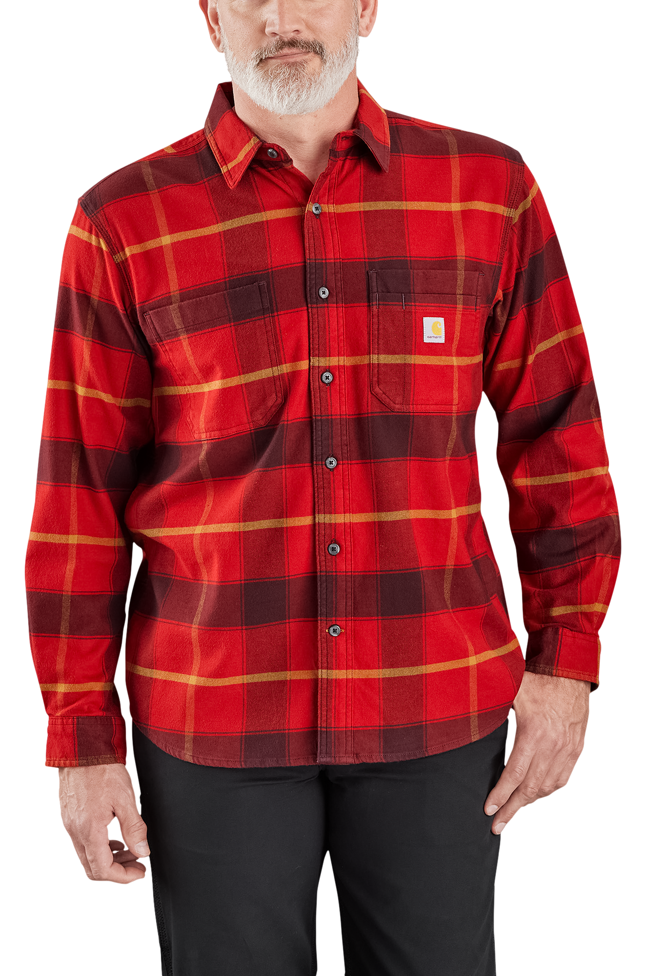 Image of Carhartt Rugged Flex Relaxed-Fit Midweight Plaid Long-Sleeve Button-Down Flannel Shirt for Men - Crabapple - M