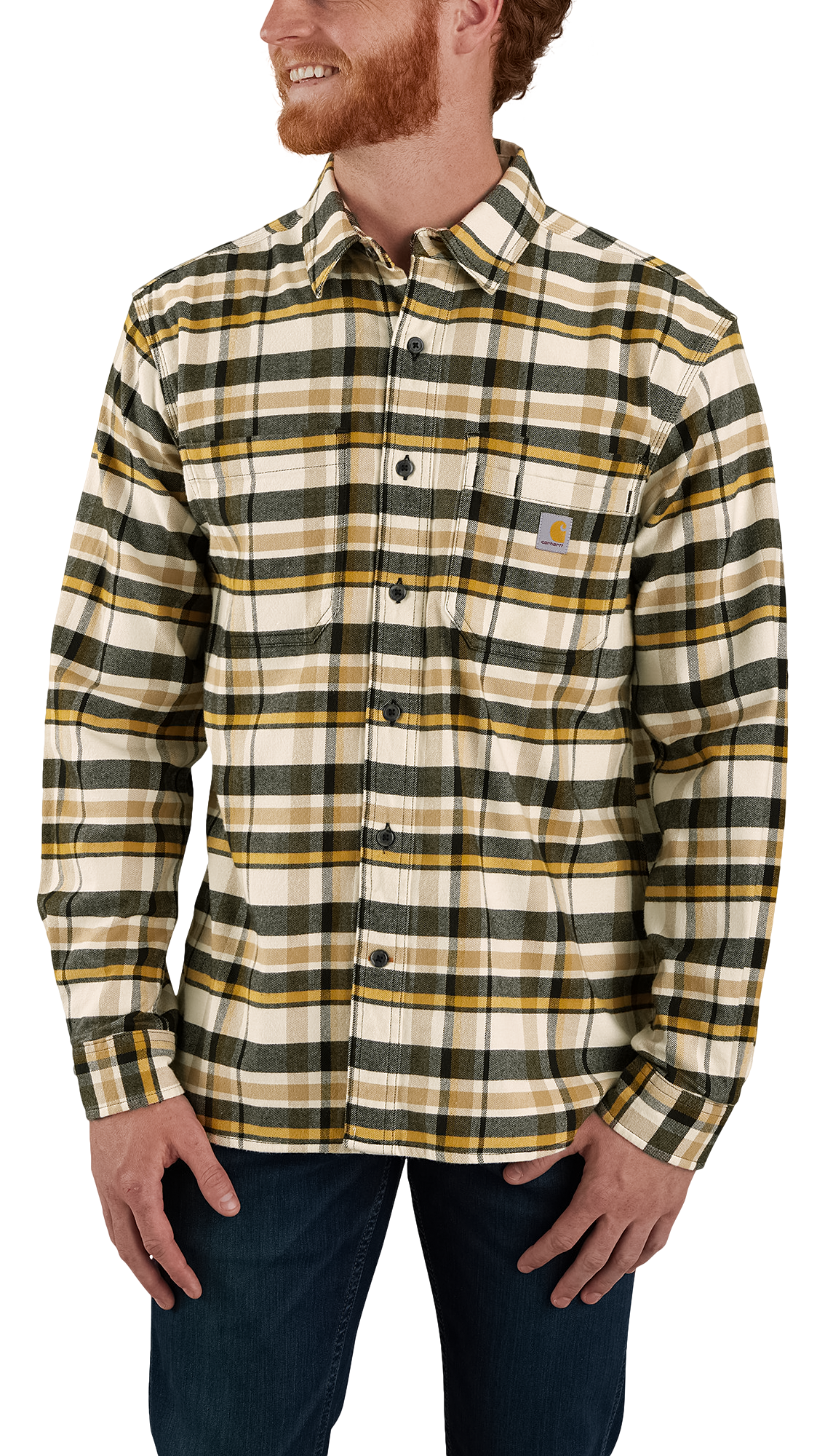 Image of Carhartt Rugged Flex Relaxed-Fit Midweight Plaid Long-Sleeve Button-Down Flannel Shirt for Men - Malt - M