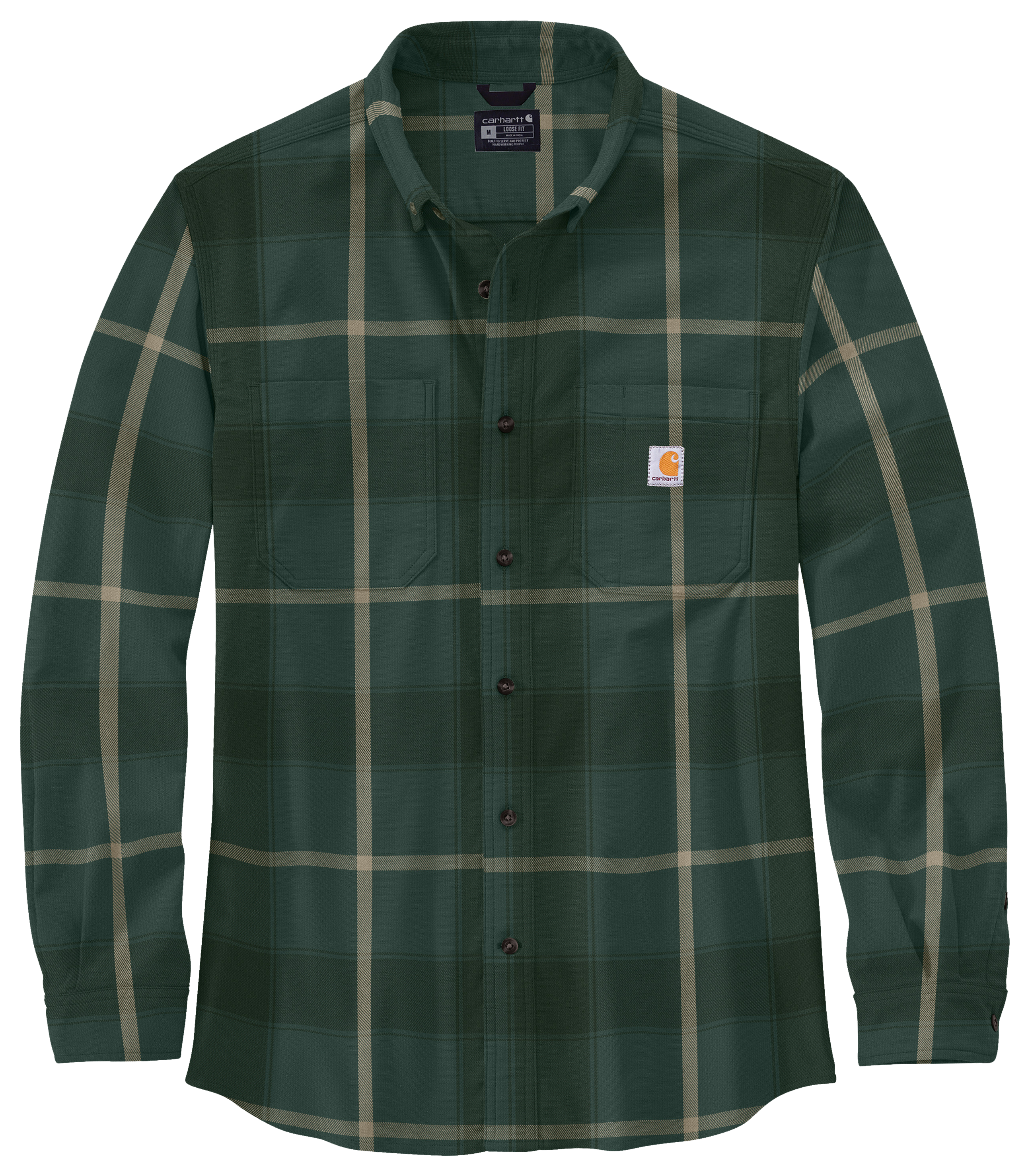 Image of Carhartt Rugged Flex Relaxed-Fit Midweight Plaid Long-Sleeve Button-Down Flannel Shirt for Men - Frosted Balsam - M