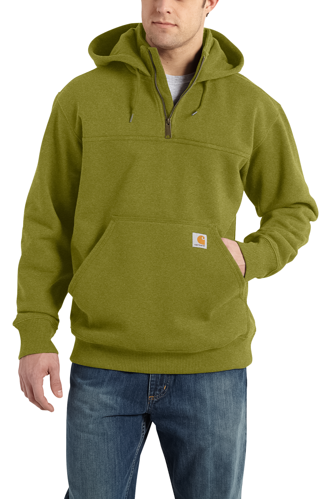 Image of Carhartt Rain Defender Loose-Fit Heavyweight Quarter-Zip Hooded Long-Sleeve Sweatshirt for Men - Dill Heather - XL