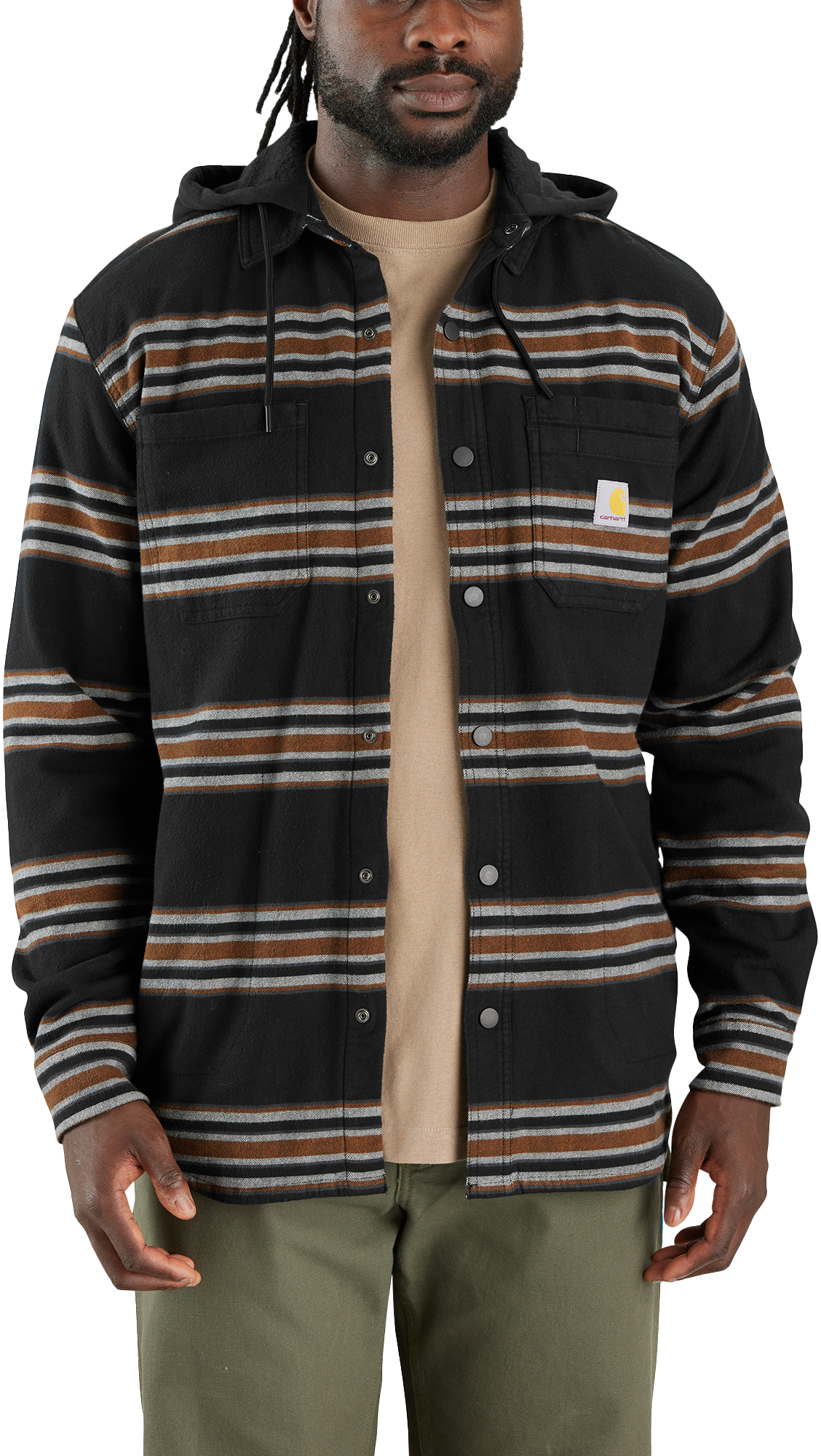 Image of Carhartt Rugged Flex Relaxed-Fit Flannel Fleece-Lined Hooded Shirt Jacket for Men - Carhartt Brown/Black - M