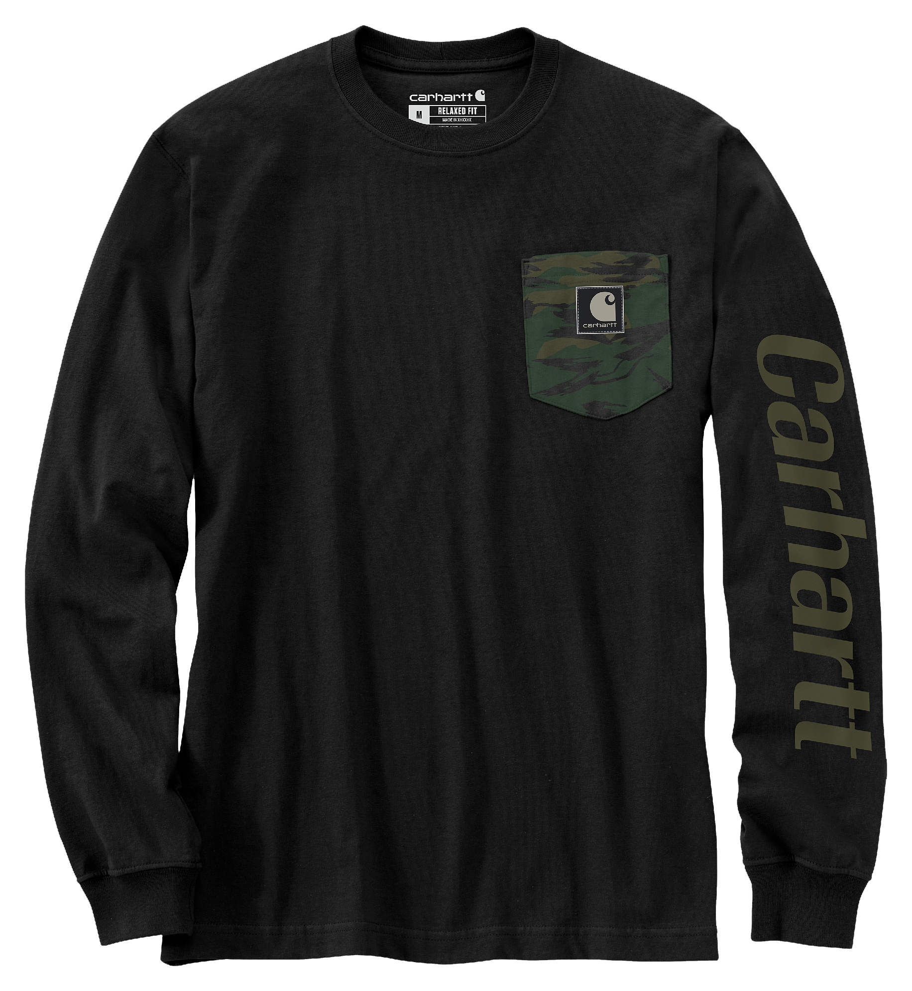 Image of Carhartt Relaxed-Fit Camo Graphic Heavyweight Long-Sleeve Pocket T-Shirt for Men - Black