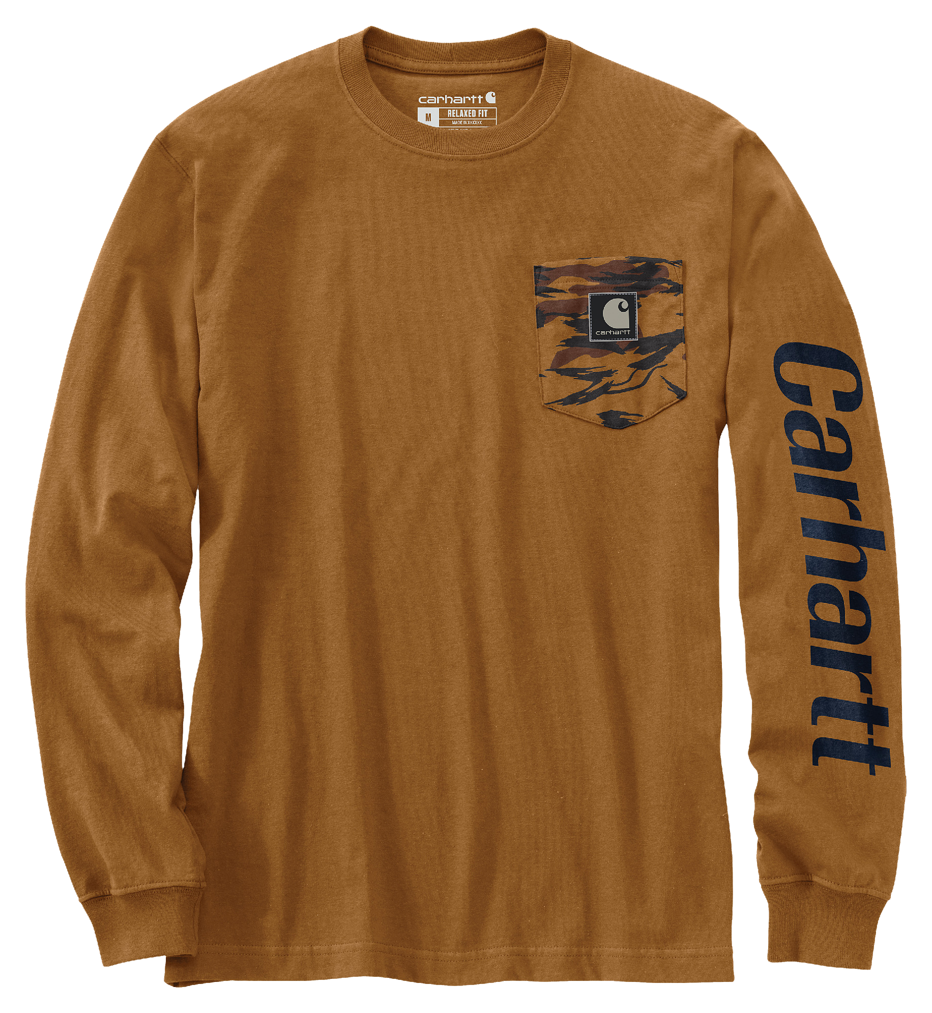 Image of Carhartt Relaxed-Fit Camo Graphic Heavyweight Long-Sleeve Pocket T-Shirt for Men - Carhartt Brown - 2XL