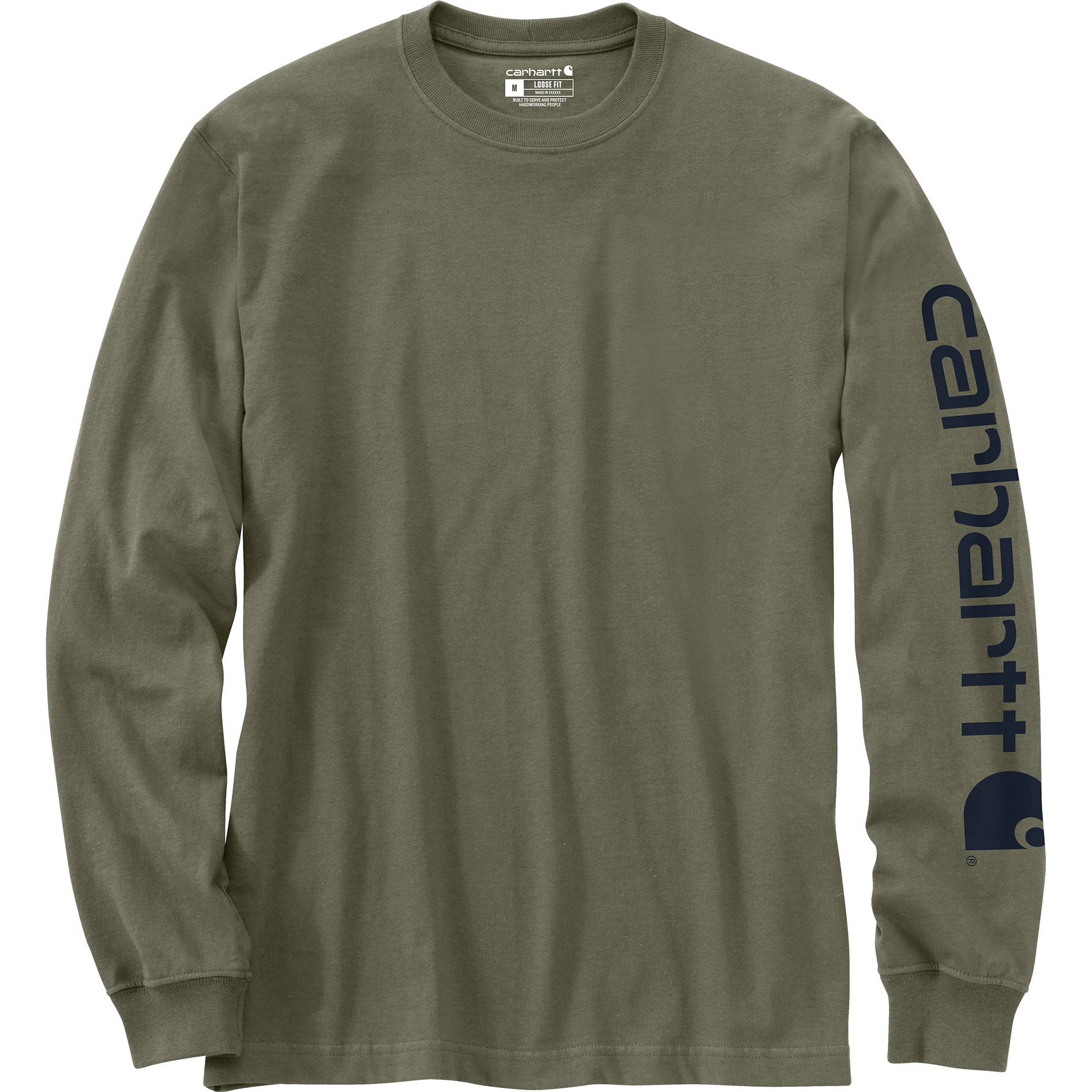 Image of Carhartt Loose-Fit Heavyweight Logo Sleeve Graphic Long-Sleeve T-Shirt - Dusty Olive