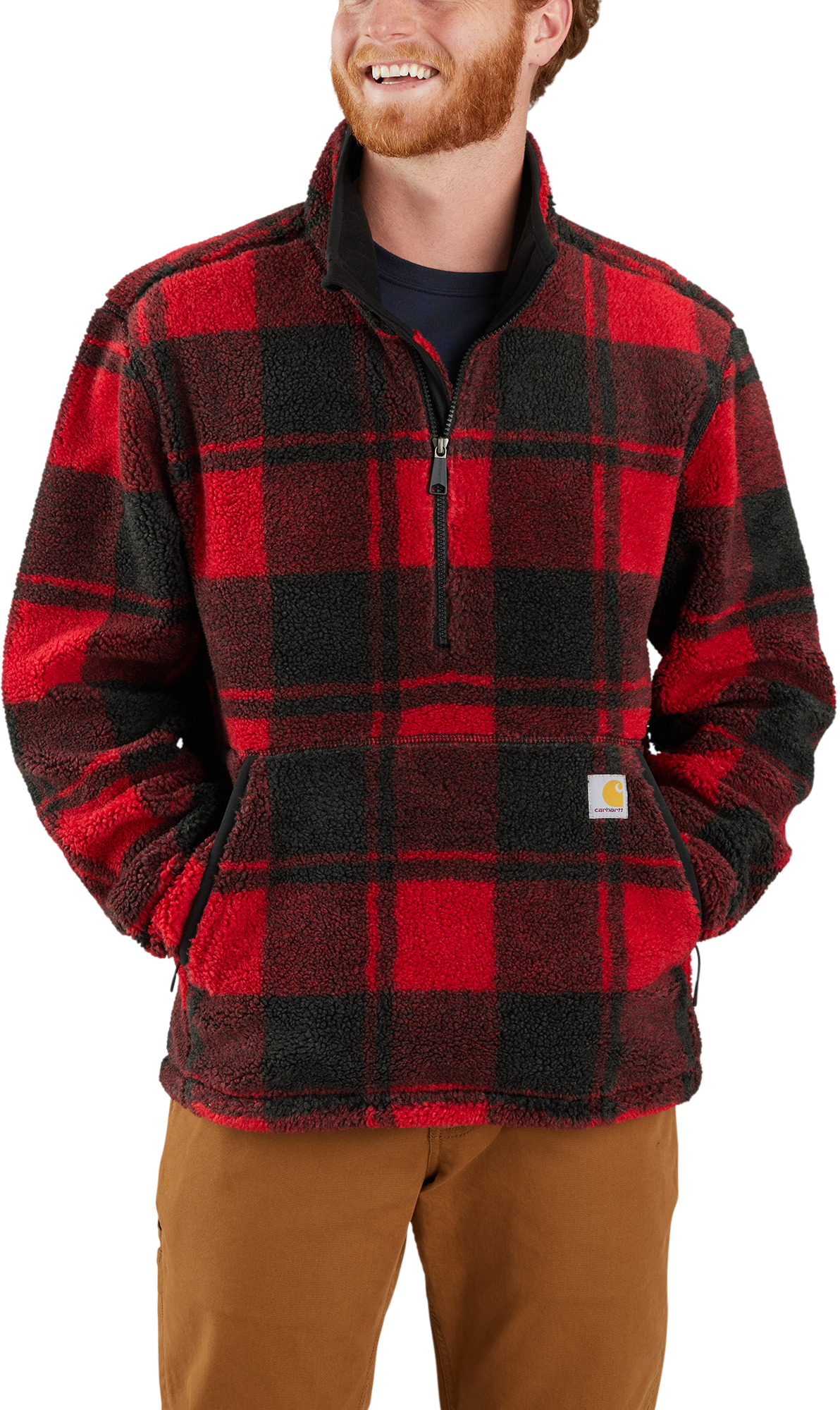 Image of Carhartt Loose-Fit Quarter-Zip Fleece Pullover for Men - Crabapple/Black Plaid - M