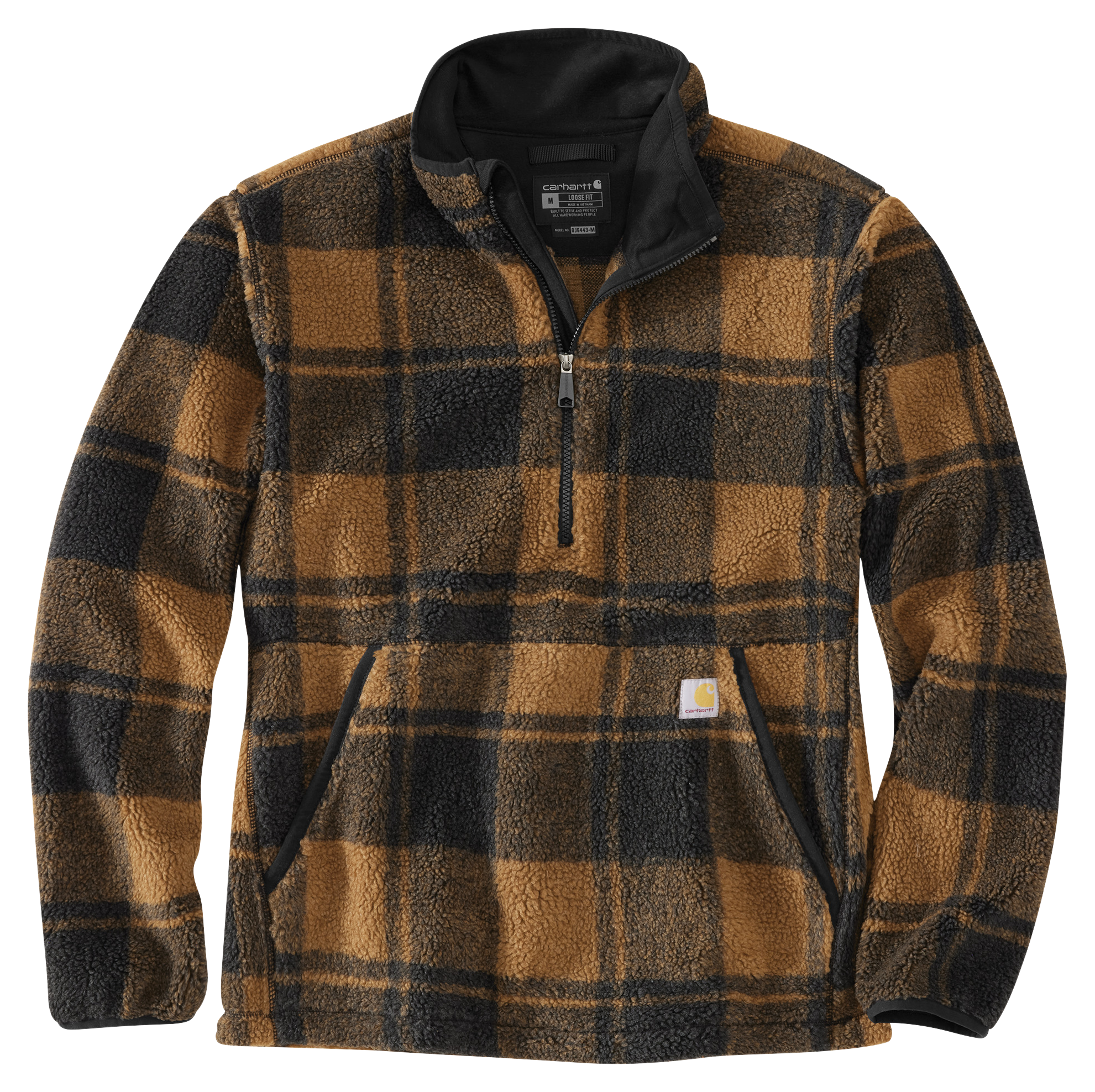 Image of Carhartt Loose-Fit Quarter-Zip Fleece Pullover for Men - Carhartt Brown/Black Plaid - M