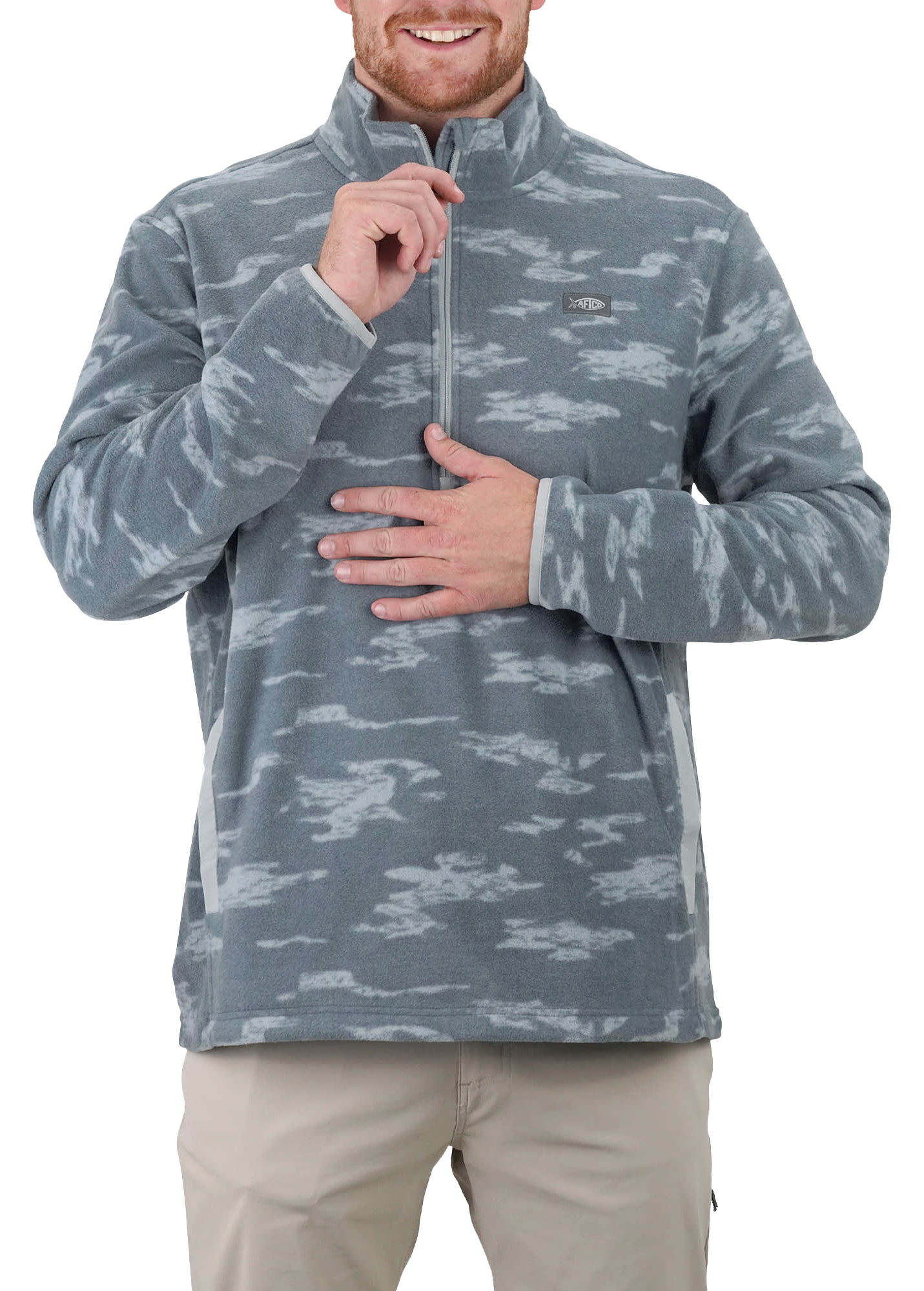 Image of AFTCO Ahoy Quarter-Zip Fleece Sweatshirt for Men - Light Gray Blur Camo - S