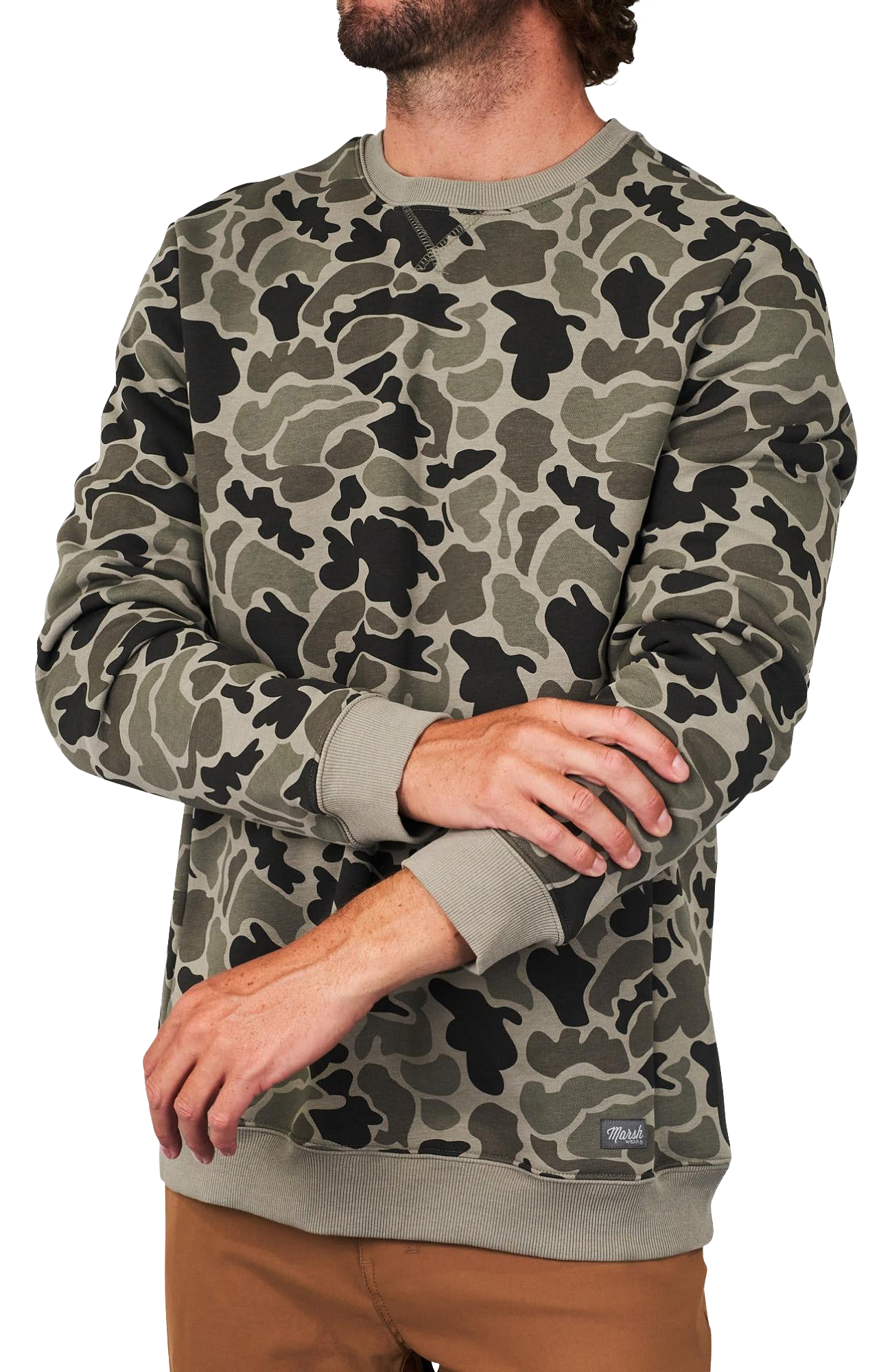 Image of Marsh Wear Fireside Fleece Long-Sleeve Crew Shirt for Men - Dark Green Mallard Camo - S