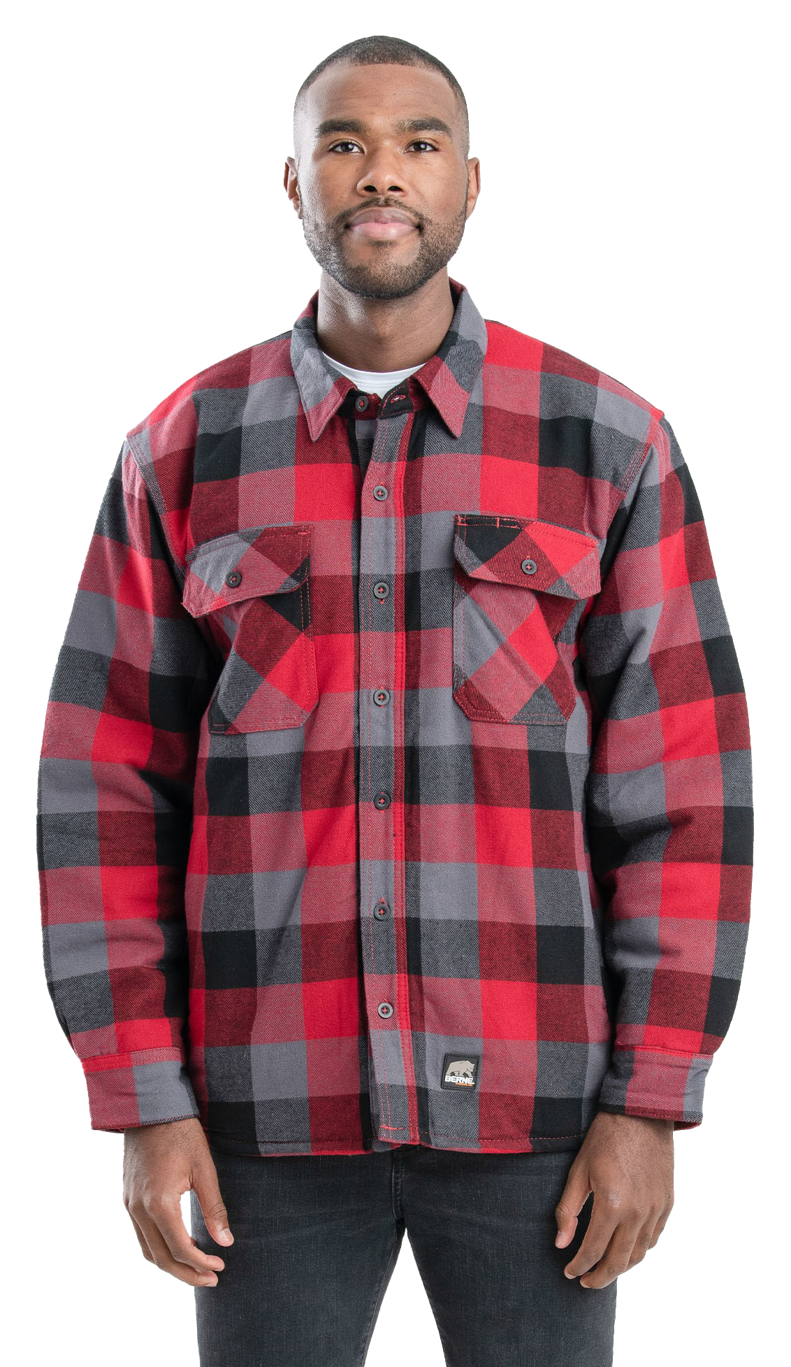 Image of Berne Heartland Flannel Shirt Jacket for Men - Plaid Red - M