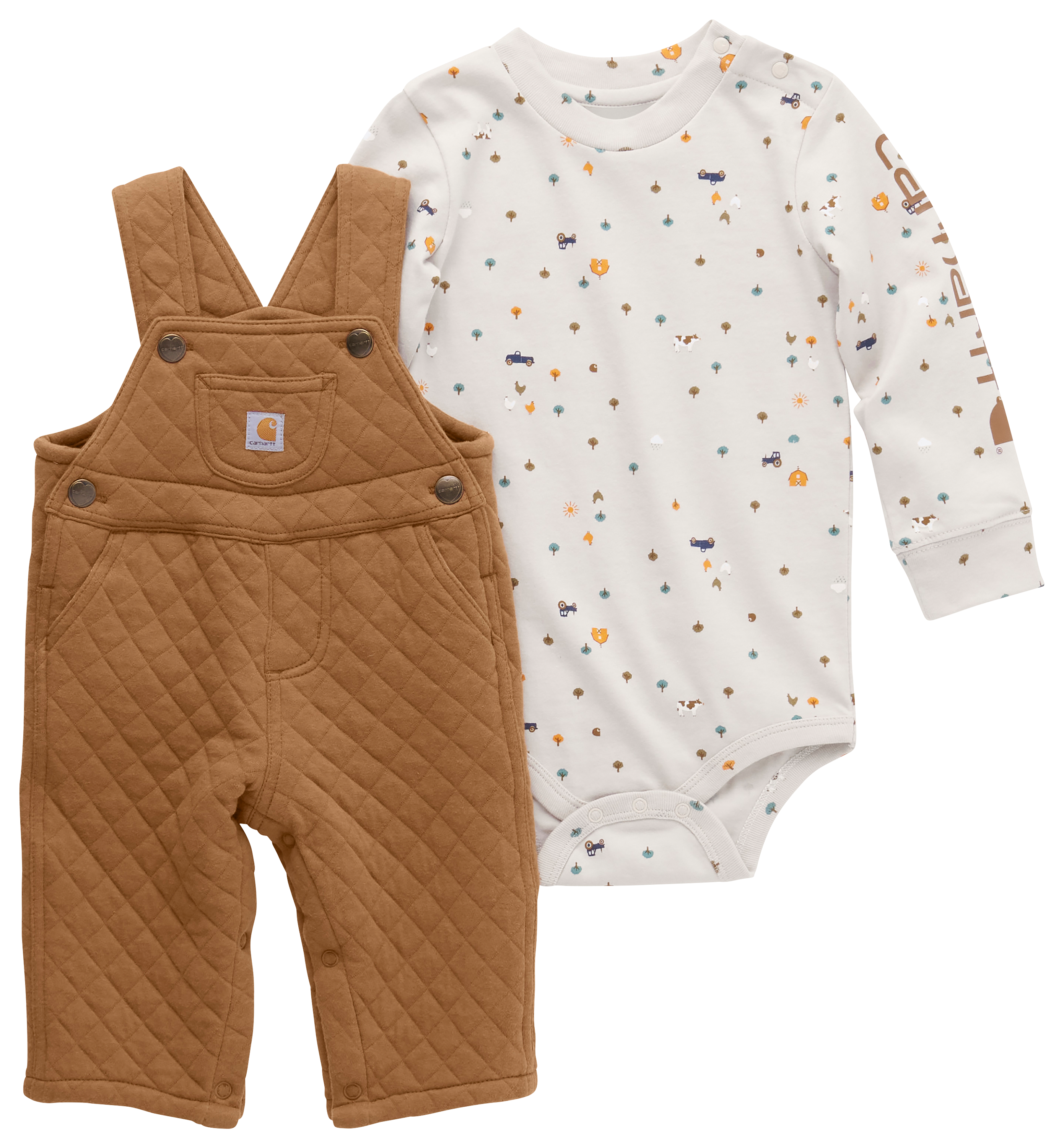 Image of Carhartt Printed Long-Sleeve Bodysuit and Quilted Fleece Overalls Set for Babies - Carhartt Brown - 6 Months