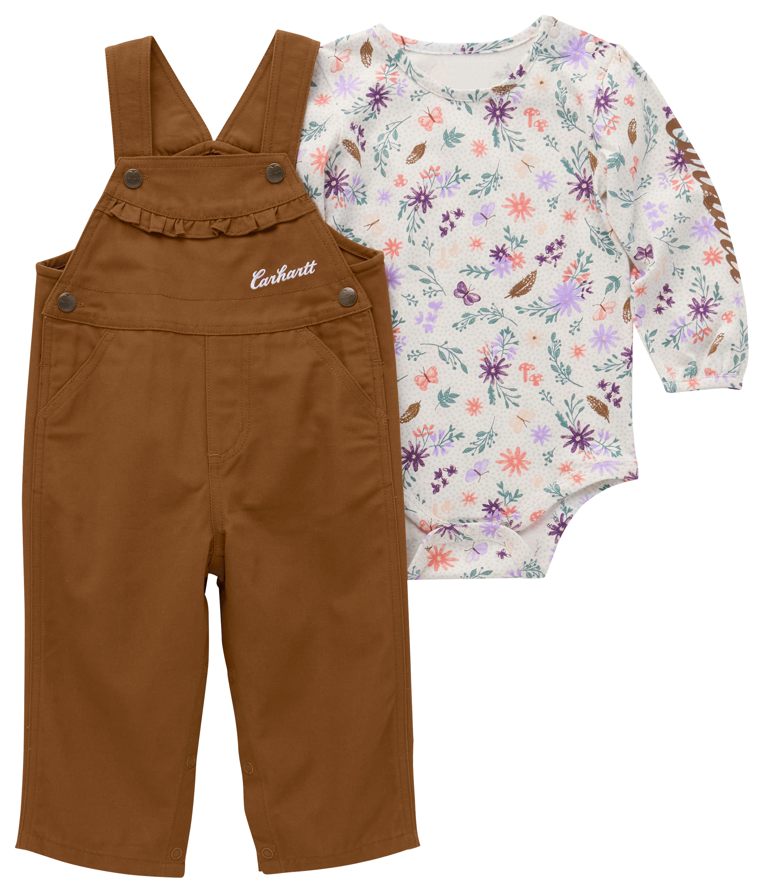 Carhartt Flower Printed Long-Sleeve Bodysuit and Ruffled Canvas Overalls Set for Babies