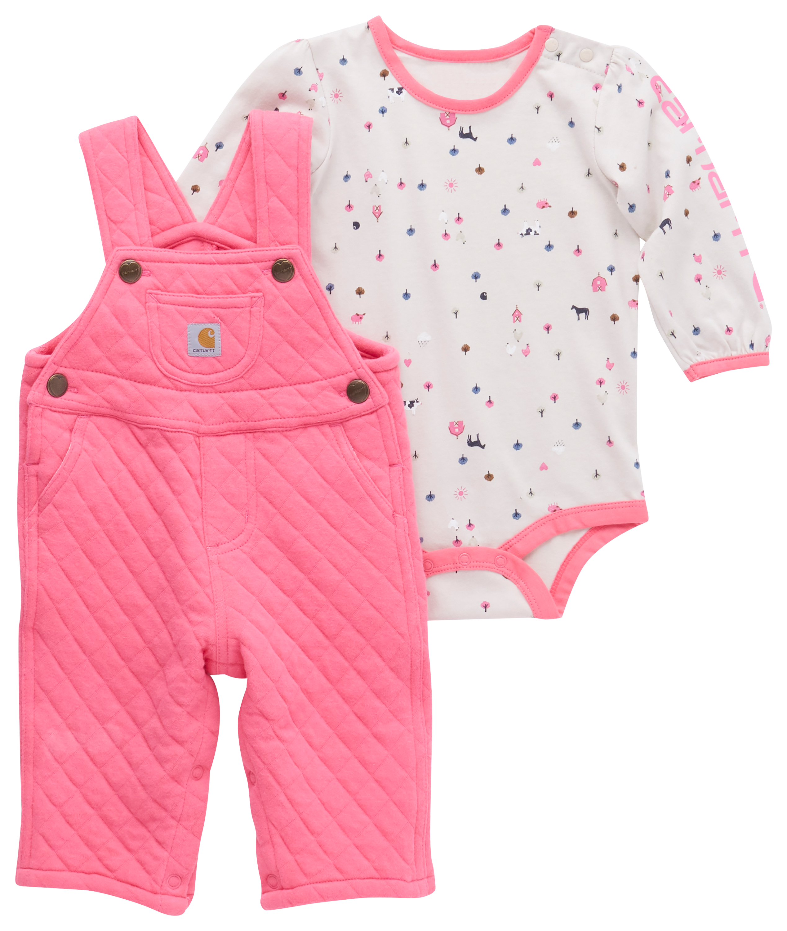 Image of Carhartt Printed Long-Sleeve Bodysuit and Quilted Overalls Set for Babies - Pink Lemonade - 6 Months