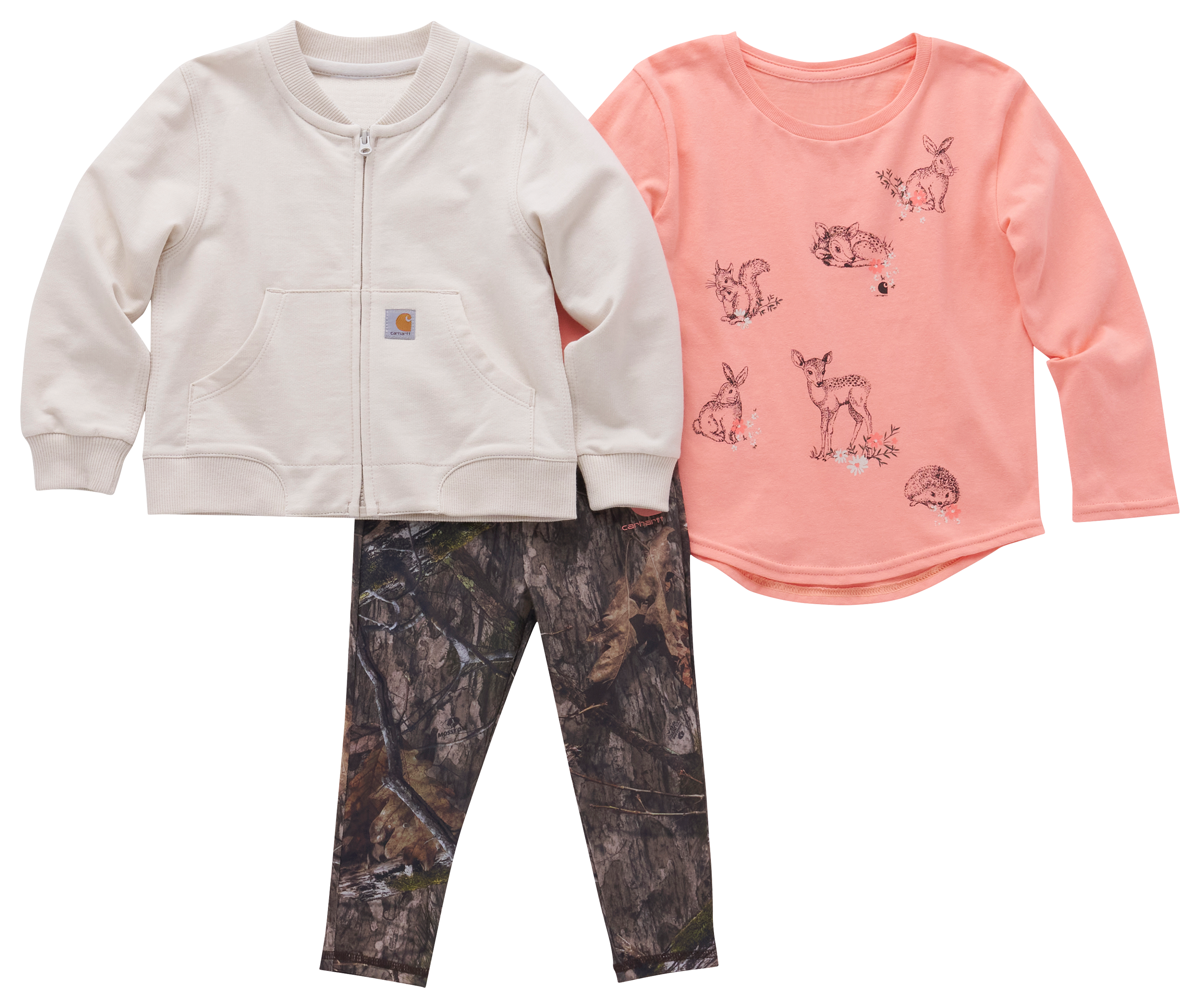 Image of Carhartt French Terry Jacket, Long-Sleeve T-Shirt, and Leggings Set for Babies - Mossy Oak DNA - 3 Months