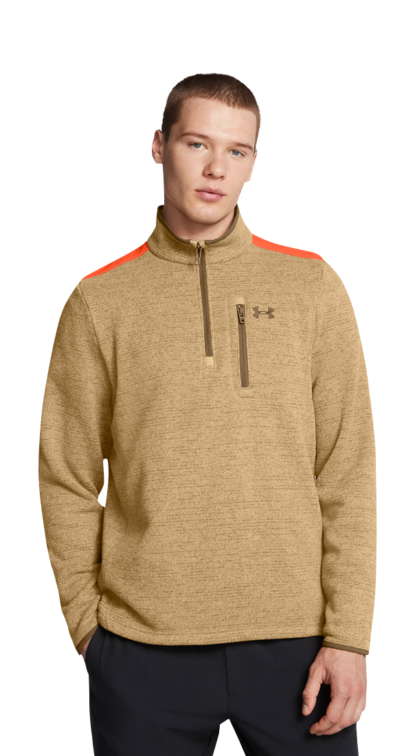 Image of Under Armour Expanse 1/4-Zip Long-Sleeve Pullover for Men - Camel/Blaze