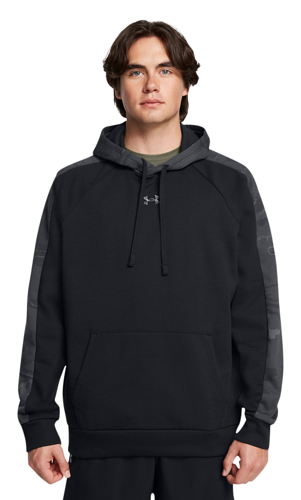 Image of Under Armour Rival Fleece Camo Blocked Long-Sleeve Hoodie for Men - Black/Black Camo - S