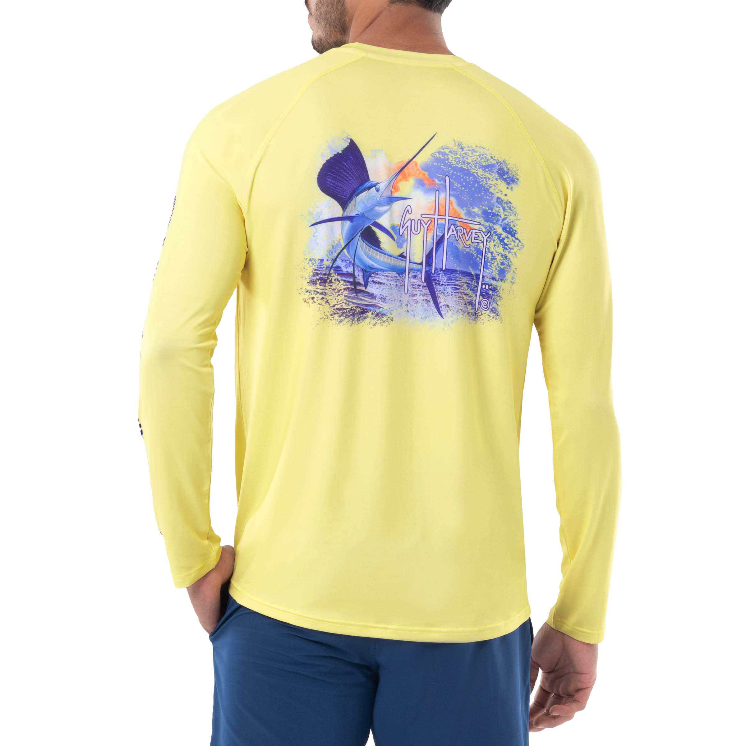 Image of Guy Harvey Sunset Sailfish Sun-Protection Performance Long-Sleeve Shirt for Men - Sunshine