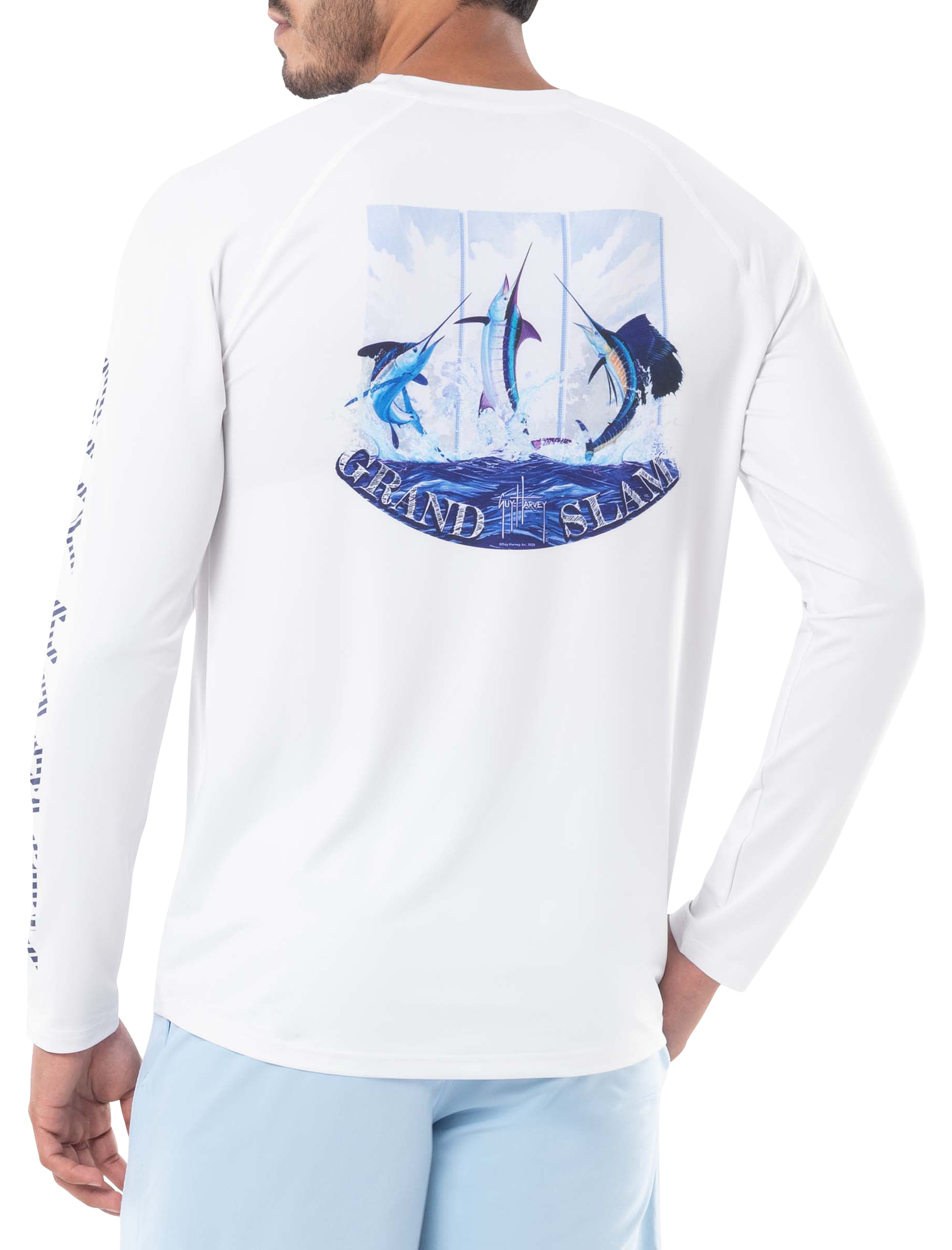 Image of Guy Harvey Billfish Grand Slam Sun-Protection Performance Long-Sleeve Shirt for Men - Bright White - L