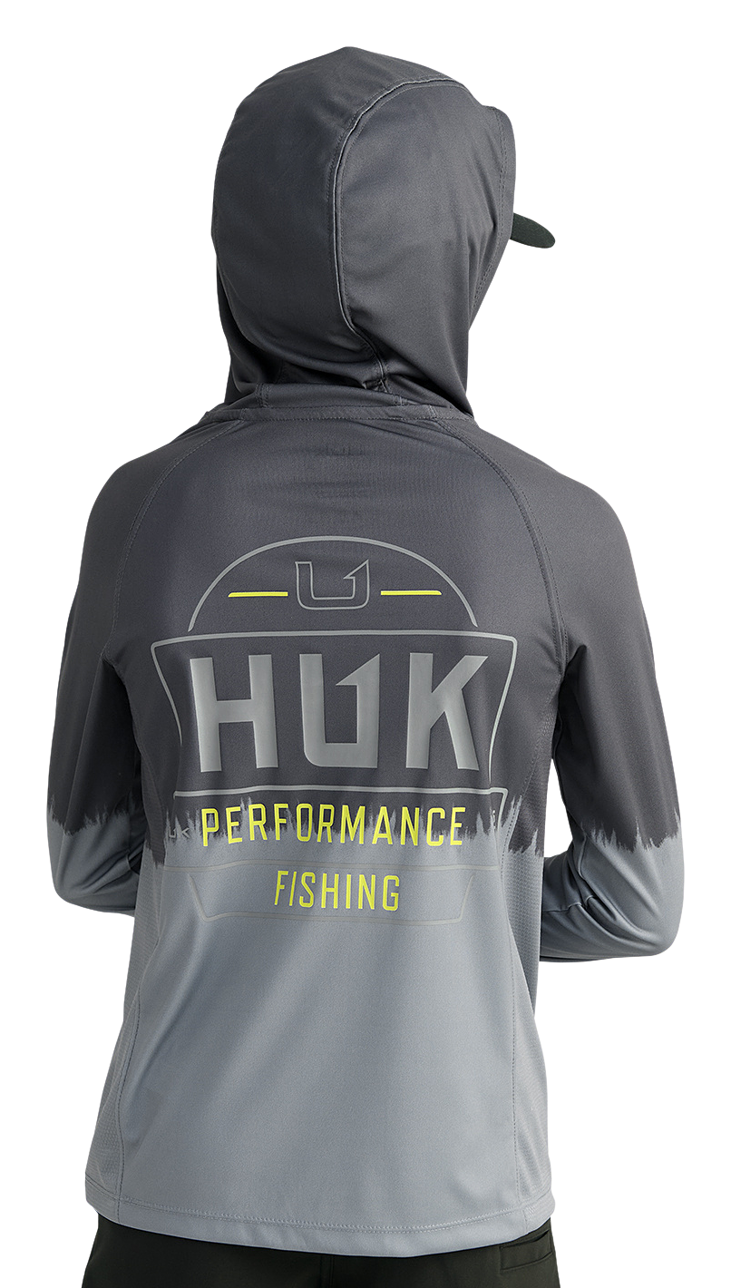 Image of Huk Pursuit Performance Graphic Hooded Long-Sleeve Shirt for Kids - Volcanic Ash - S