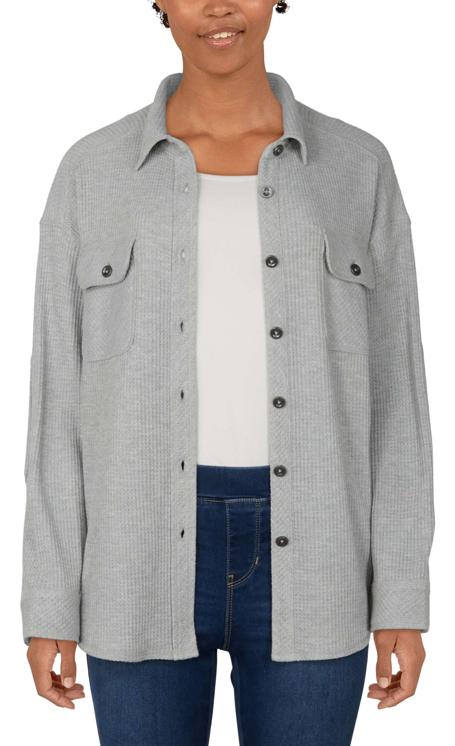 Image of Natural Reflections Timberline Waffle Long-Sleeve Shirt Jacket for Ladies - Heather Gray - S