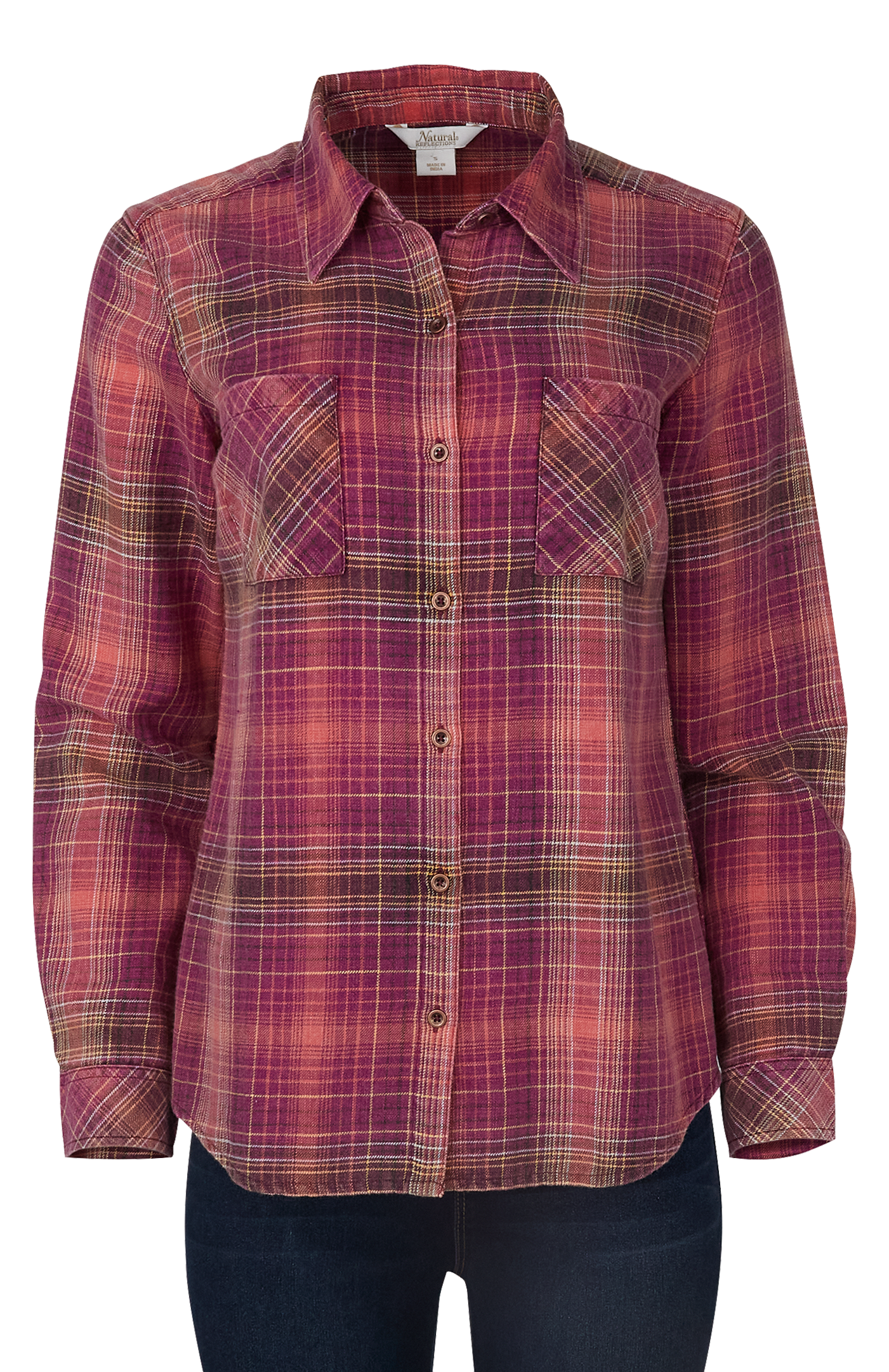Image of Natural Reflections Acid-Wash Plaid Long-Sleeve Shirt - Dark Purple Plaid