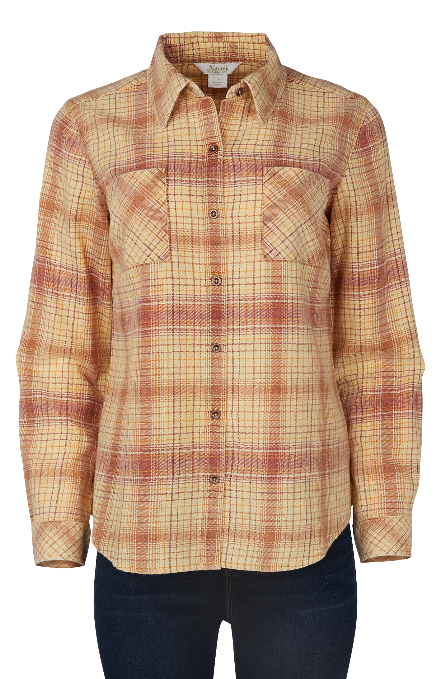 Image of Natural Reflections Acid-Wash Plaid Long-Sleeve Shirt - Wheat Plaid
