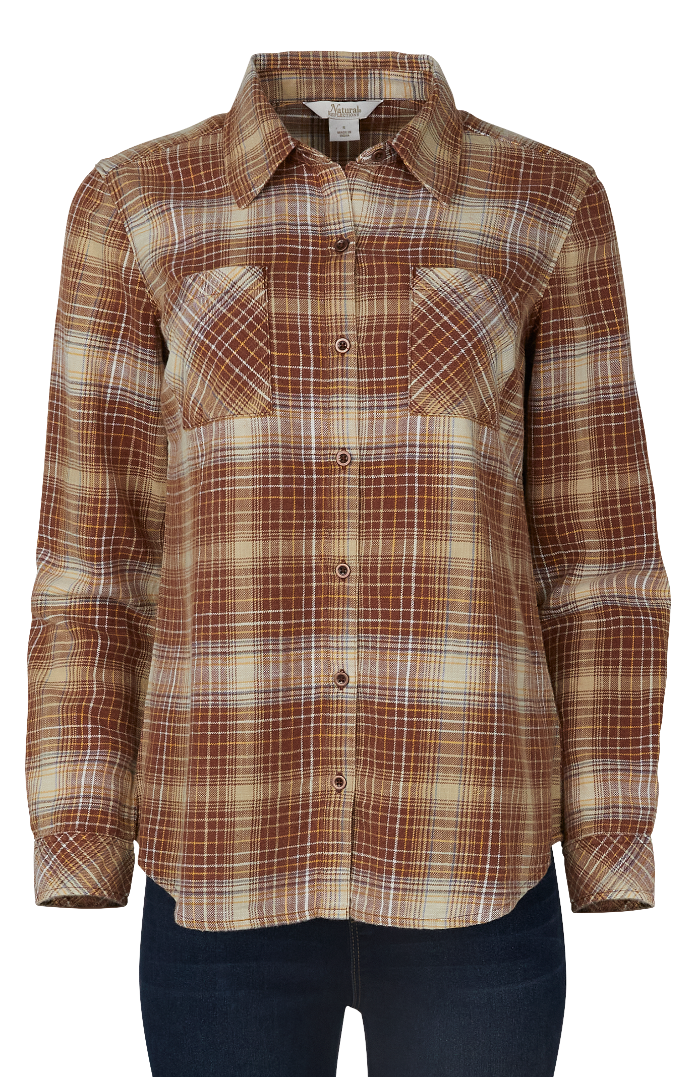 Image of Natural Reflections Acid-Wash Plaid Long-Sleeve Shirt - Cappuccino Plaid