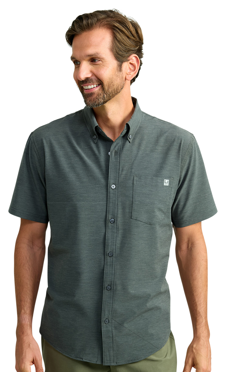 Image of Huk Kona Solid Short-Sleeve Button-Down Shirt for Men - Volcanic Ash