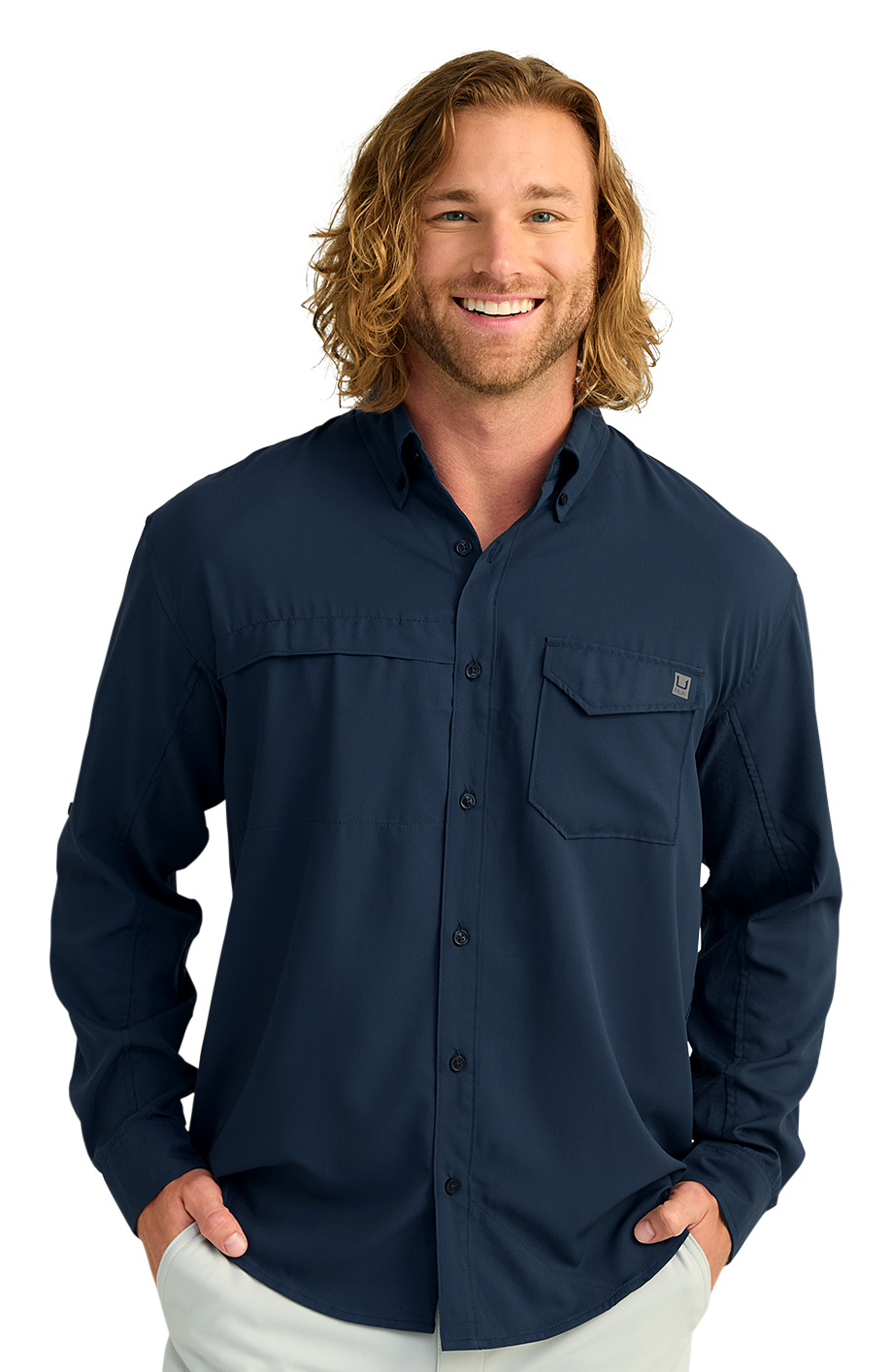 Image of Huk Tide Point Woven Solid Button-Up Long-Sleeve Shirt - Naval Academy