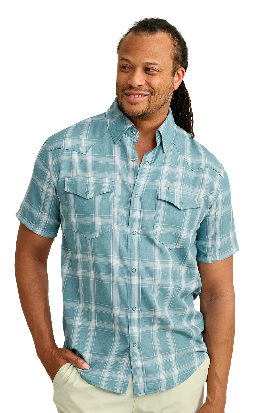 Image of Huk Diamond Back Current Plaid Short-Sleeve Shirt for Men - Storm Blue - S