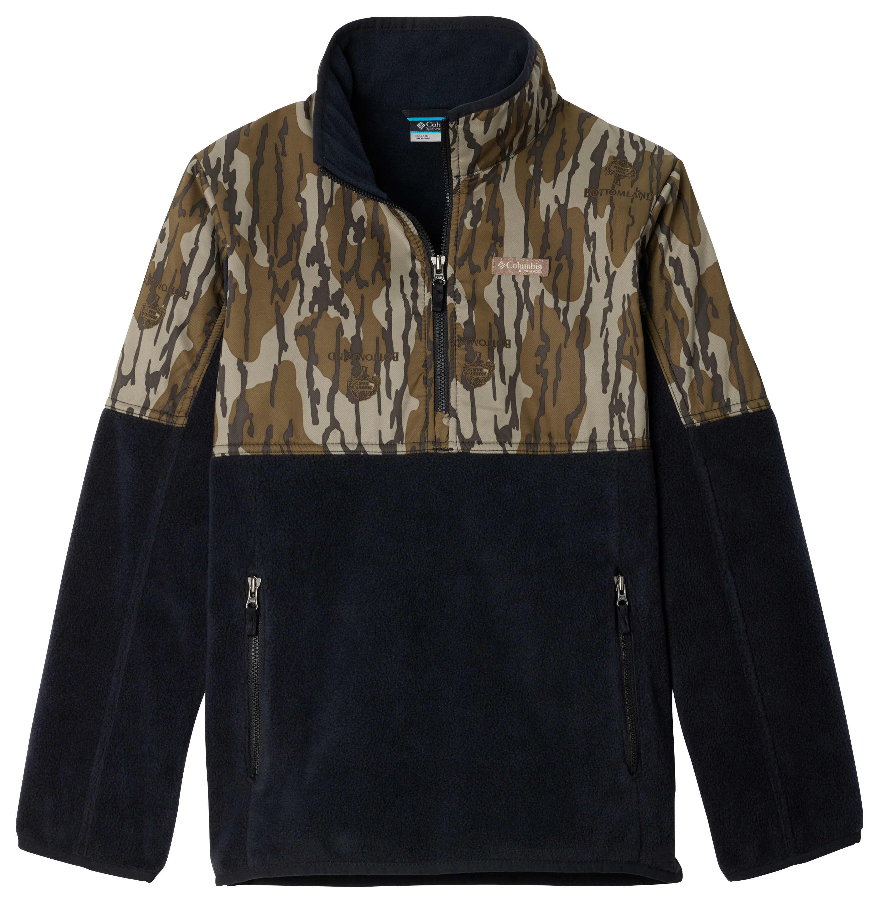 Image of Columbia PHG Overlay Half-Zip Fleece Pullover for Kids - Black/Mossy Oak Original Bottomland - XXS