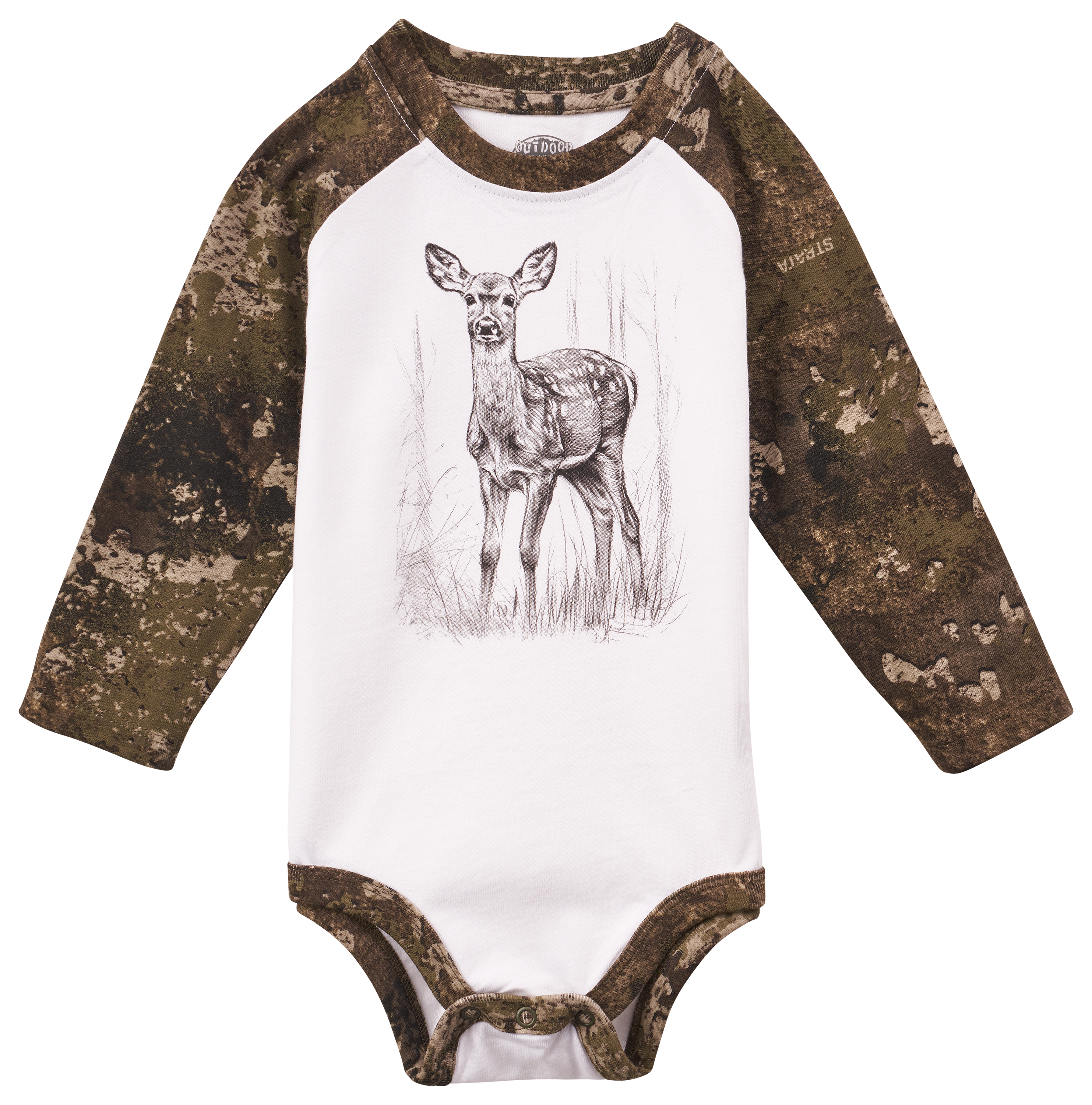 Image of Outdoor Kids Graphic Raglan Long-Sleeve Bodysuit for Babies - TrueTimber Strata - 0-3 Months