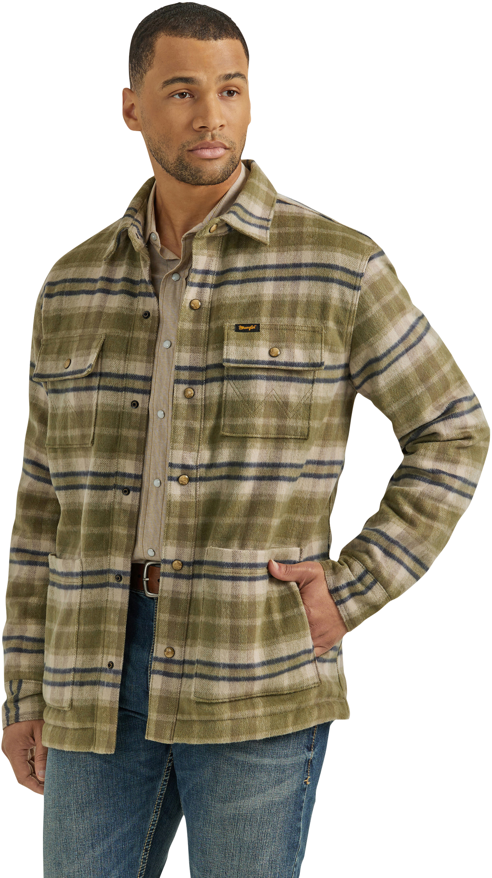 Image of Wrangler Quilted-Lining Flannel Shirt Jacket for Men - Birch - S