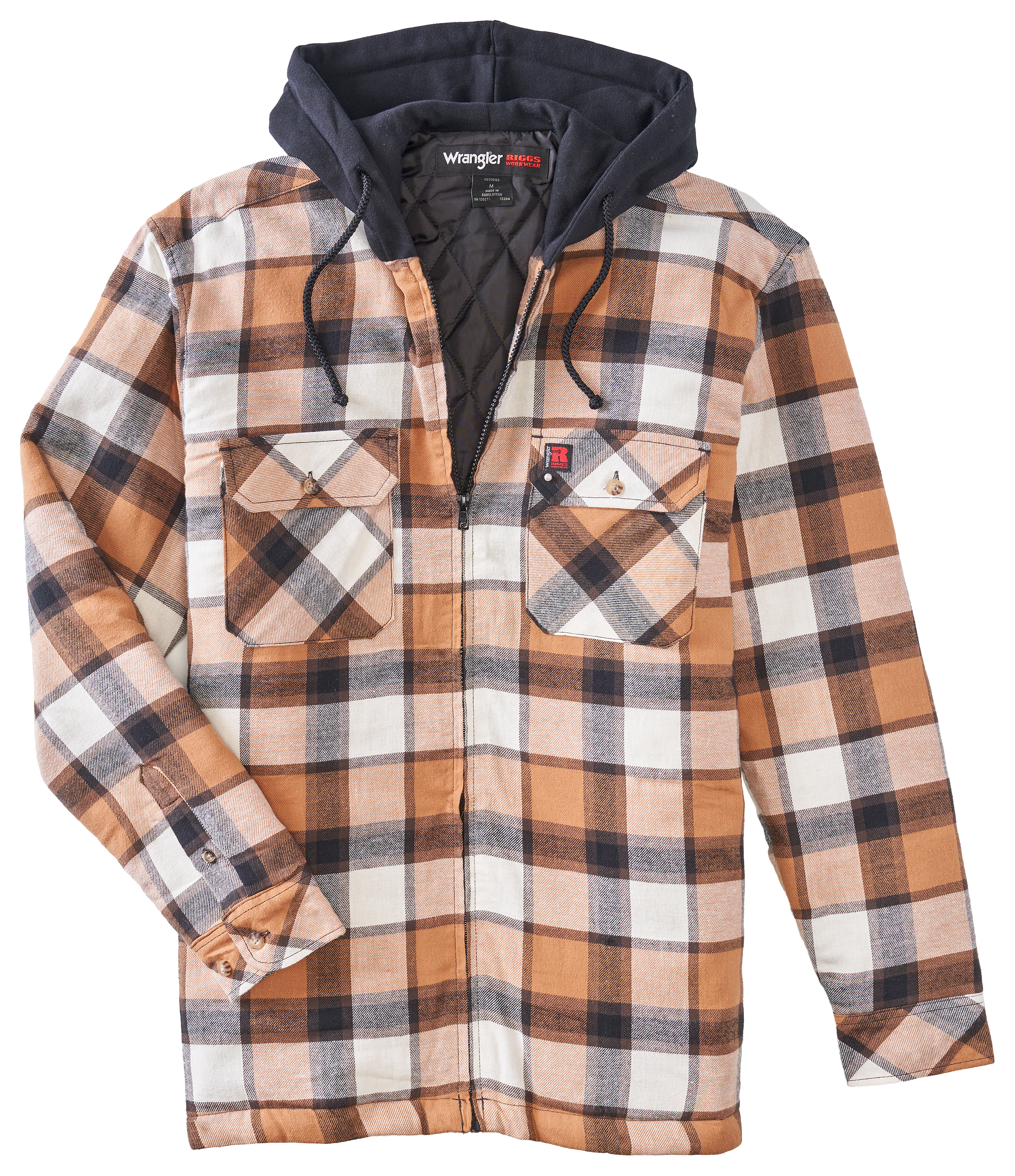 Image of Wrangler Hooded Flannel Work Jacket for Men - Tobacco Plaid - M