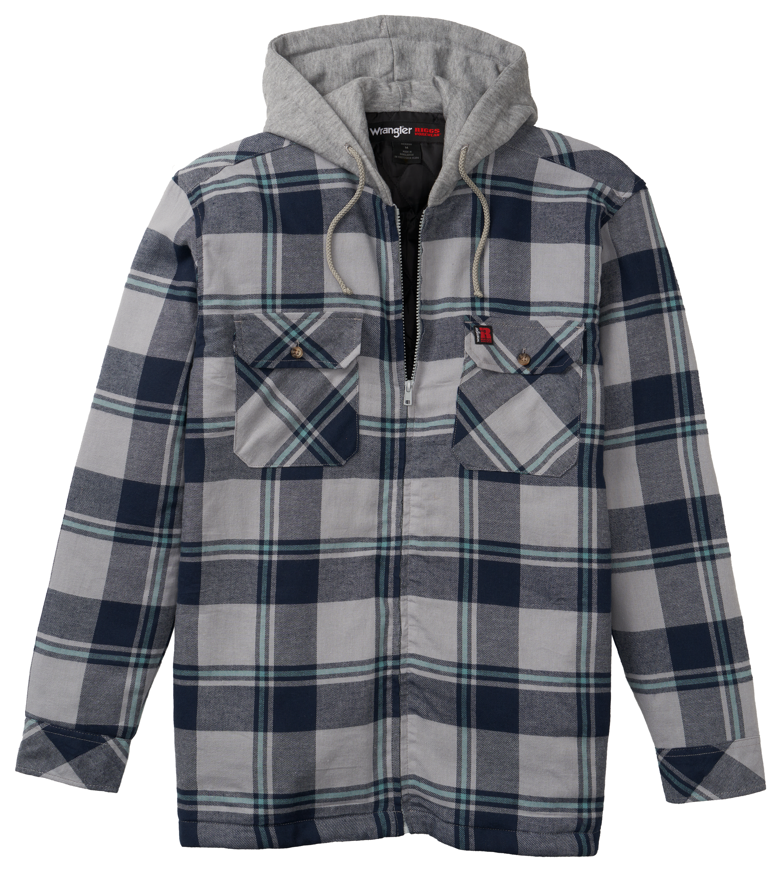 Image of Wrangler Hooded Flannel Work Jacket for Men - Grey Plaid - S