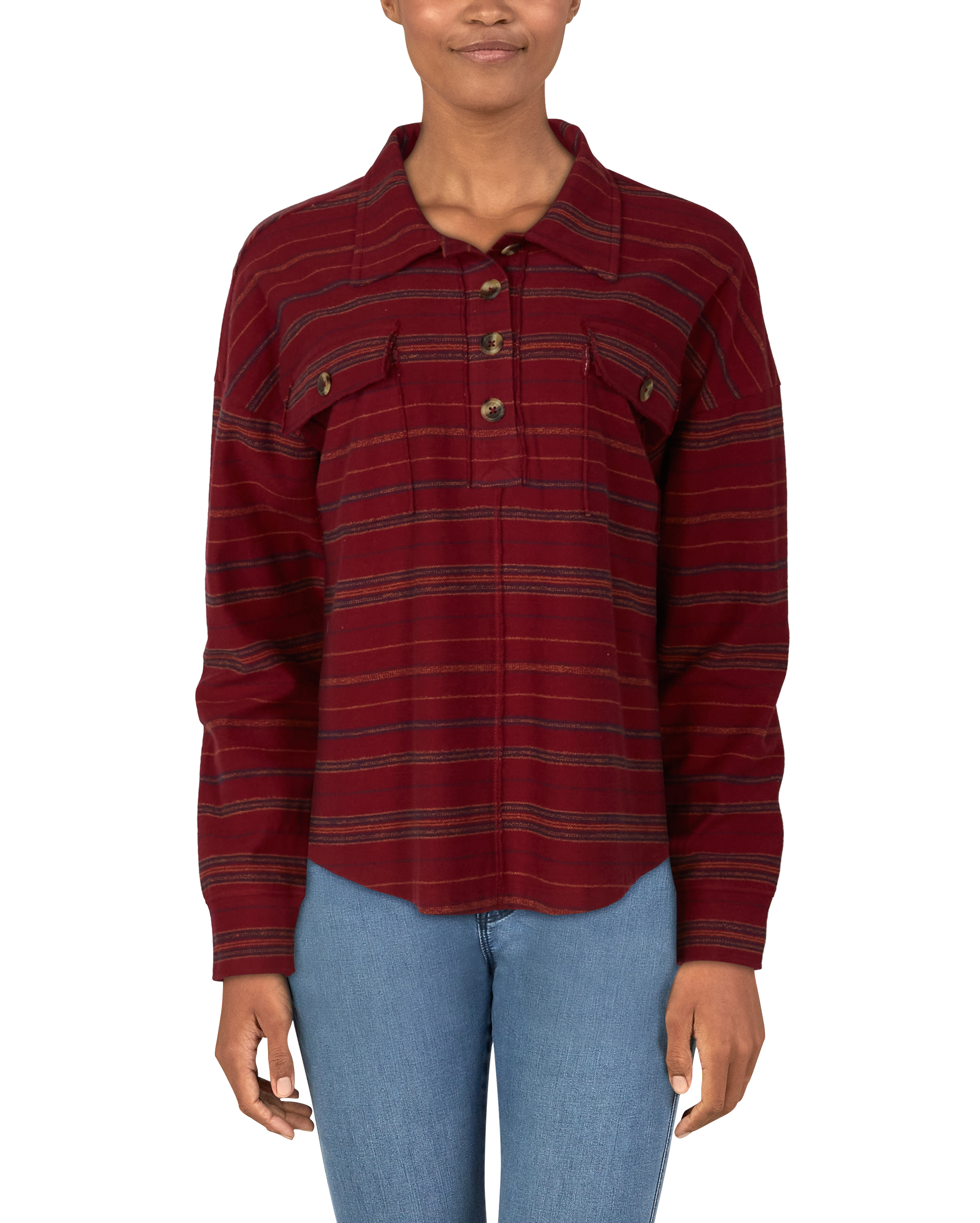 NATURAL REFLECTIONS Blanket Stripe Knit Long-Sleeve Henley for Ladies