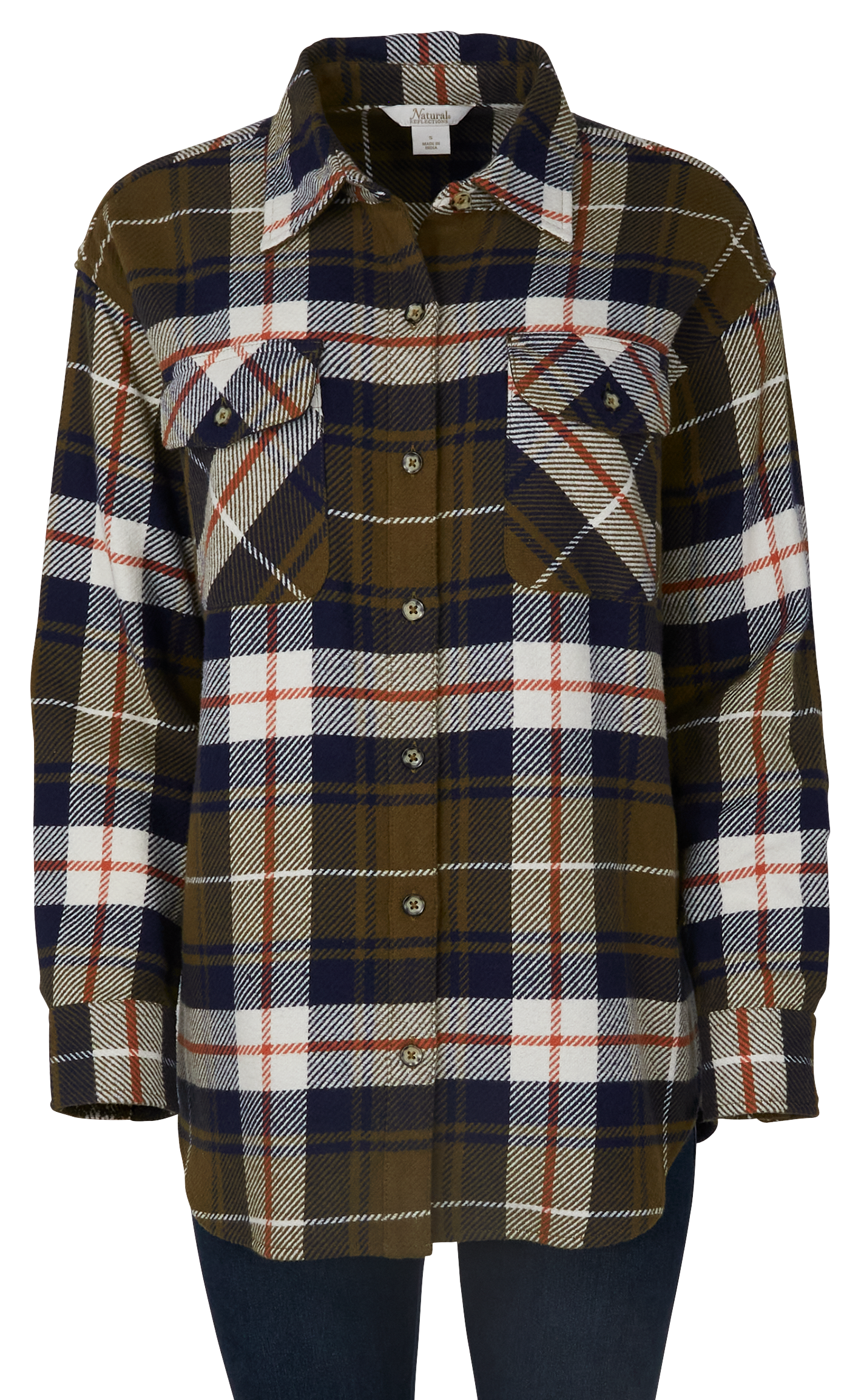 Image of Natural Reflections Fireside Flannel Button-Down Long-Sleeve Shirt - Dark Olive Plaid - 1X