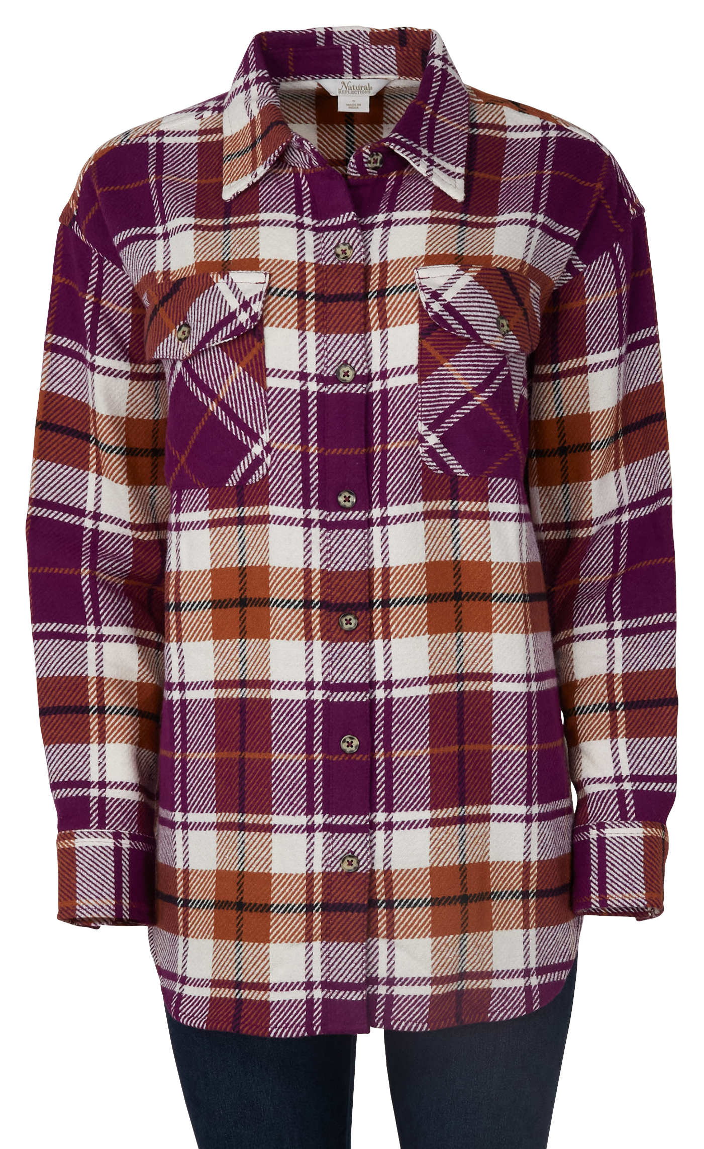 Image of Natural Reflections Fireside Flannel Button-Down Long-Sleeve Shirt - Dark Purple Plaid