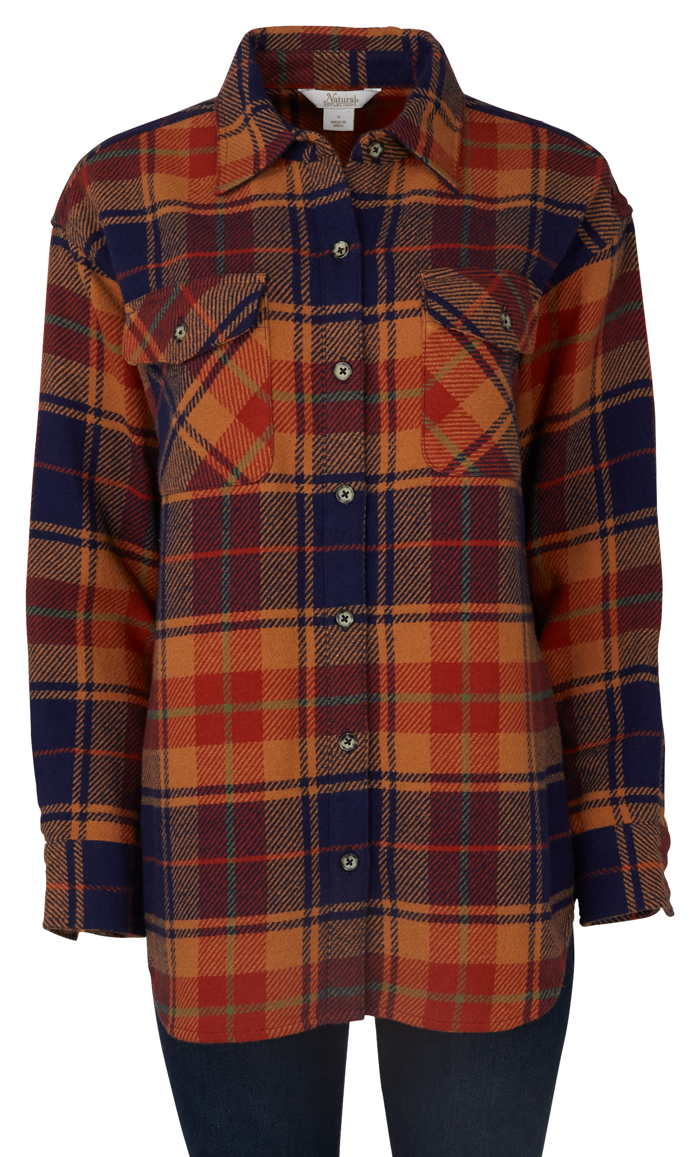 Image of Natural Reflections Fireside Flannel Button-Down Long-Sleeve Shirt - Peacoat/Red Ochre Plaid